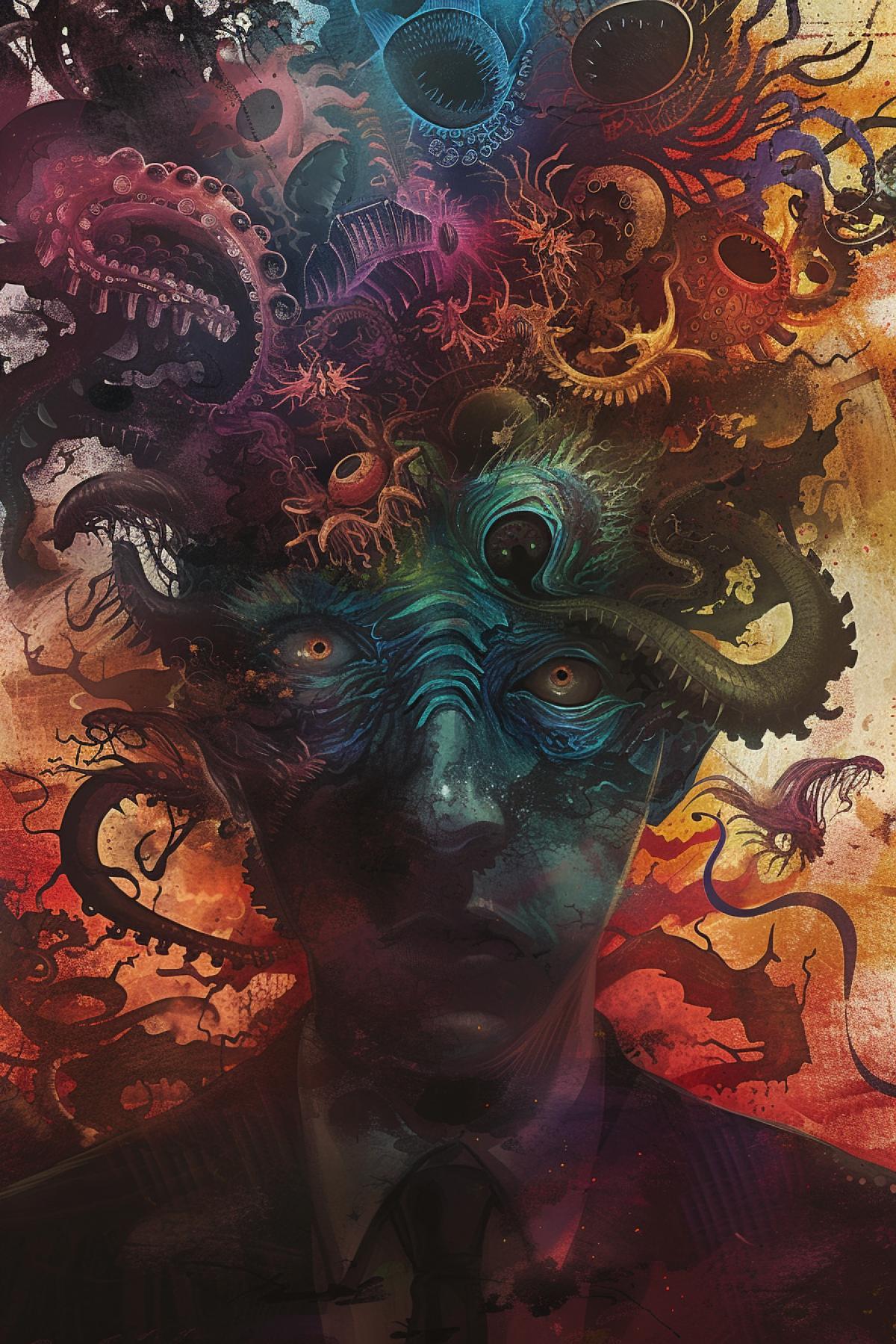 Psychedelics, psychosis, schizophrenia, surrealism, Lovecraft style, nightmares, slimy horror