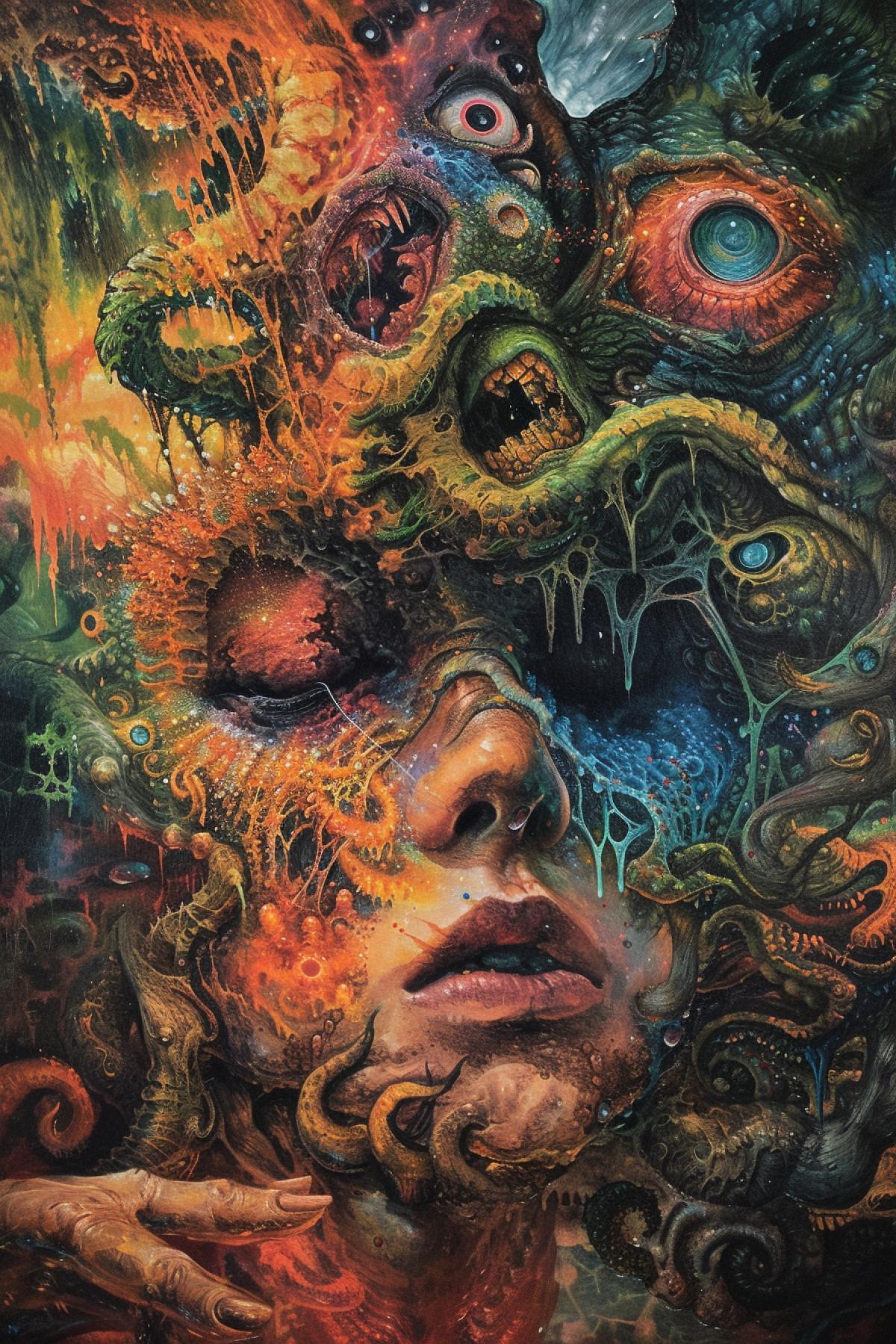 Psychedelics, psychosis, schizophrenia, surrealism, Lovecraft style, nightmares, slimy horror