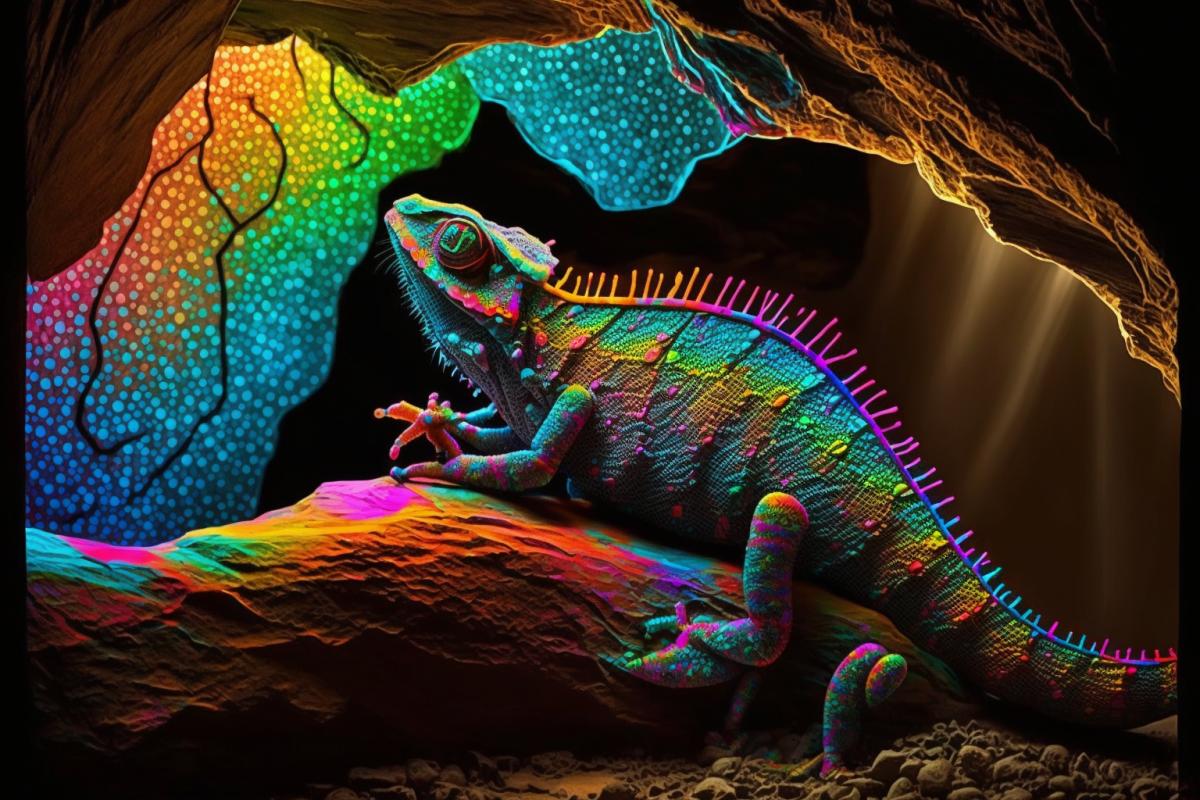 Psychedelic Glowing chameleon, psychedelic cave with pulsating stalactites, creates psychedelic electrical discharges to obfuscate the environment, psychedelic geometric abstract style painting, sliding rainbow lines are displayed on the chameleons skin