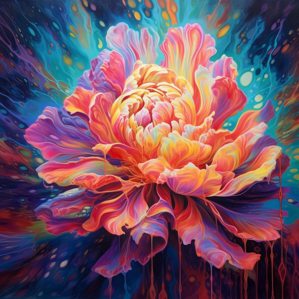 Psychedelic Glowing peony, psychedelic cave with pulsating stalactites, creates psychedelic electrical discharges to obfuscate the environment, psychedelic geometric abstract style painting, sliding rainbow lines are displayed on the peony petals