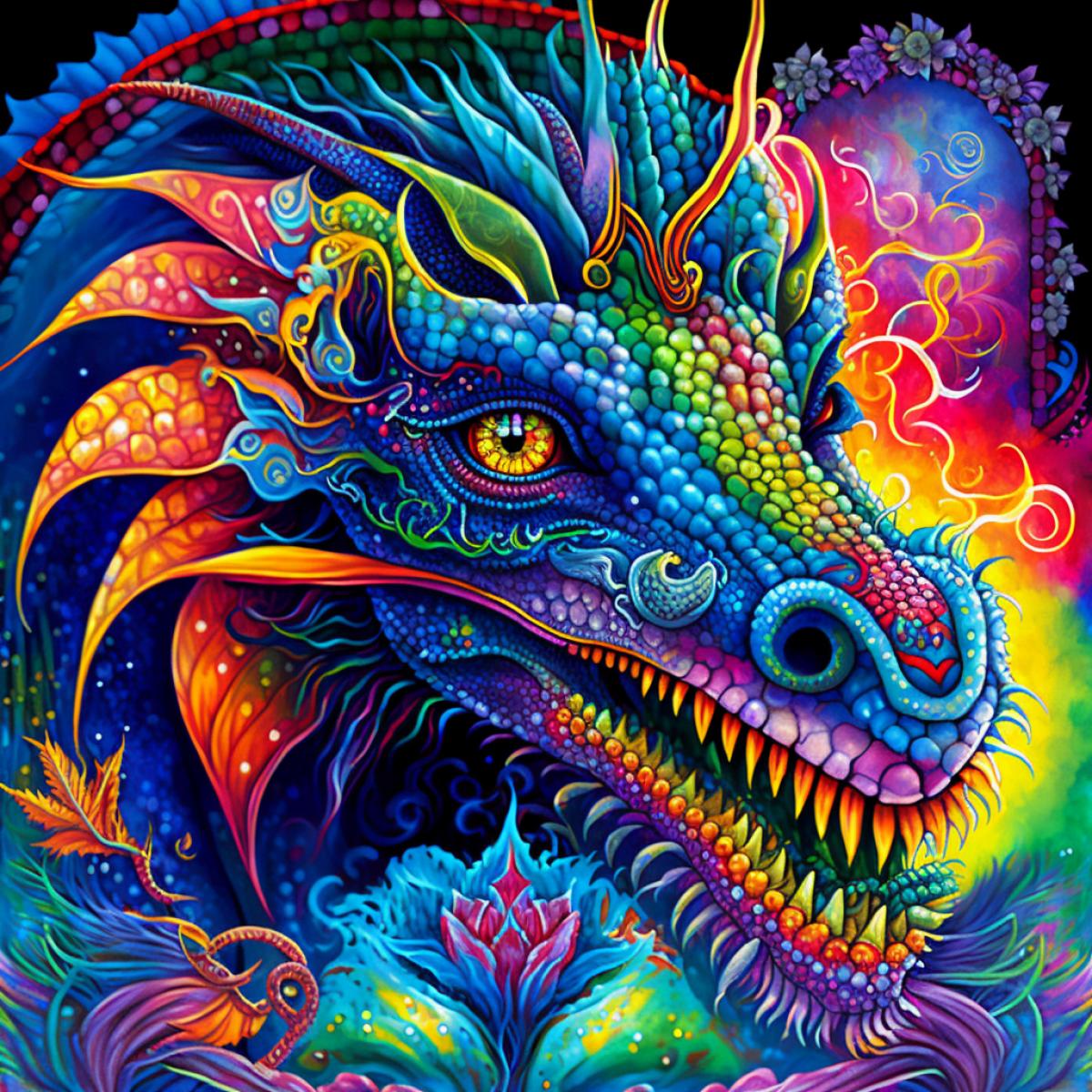 Psychedelics, cosmics, exciting colors, the dragon with intricate designs on its body, and its scales gleam like emeralds, rubies, sapphires, brilliants, . It is surrounded by an ethereal mist or aura, which illuminates it in a magical light and highlights its majestic presence.. The dragon’s eyes are fierce yet mesmerizing, exuding an aura of ancient wisdom and formidable power.. The background is dark but is lit up by the ethereal light surrounding the dragon.. The depiction of the dragon is an artistic blend of realism and fantasy