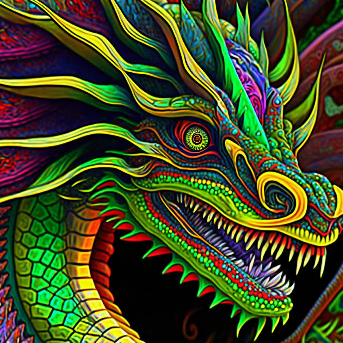 Psychedelics, cosmics, exciting colors, the dragon with intricate designs on its body, and its scales gleam like emeralds, rubies, sapphires, brilliants, . It is surrounded by an ethereal mist or aura, which illuminates it in a magical light and highlights its majestic presence.. The dragon’s eyes are fierce yet mesmerizing, exuding an aura of ancient wisdom and formidable power.. The background is dark but is lit up by the ethereal light surrounding the dragon.. The depiction of the dragon is an artistic blend of realism and fantasy