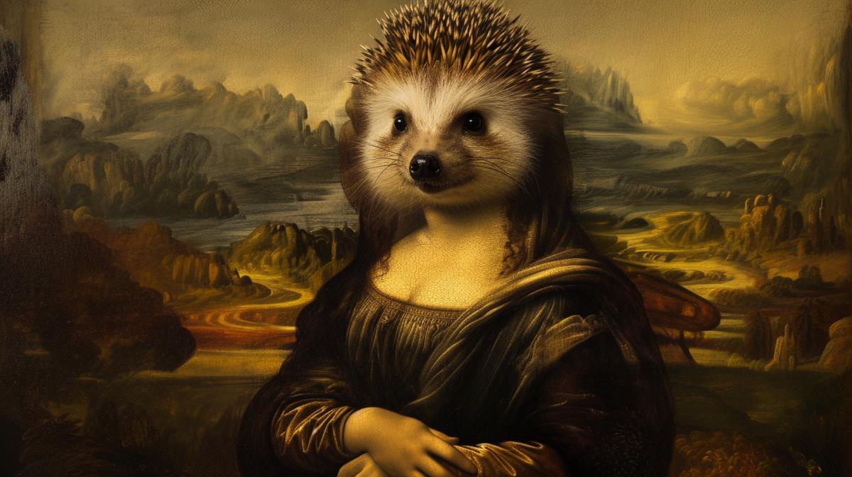 mona lisa hedgehog the painting, mona lisa 1815, in the style of precisionism, melancholic symbolism, creative commons attribution, 1860–1969, low resolution, aurorapunk, 500–1000 ce