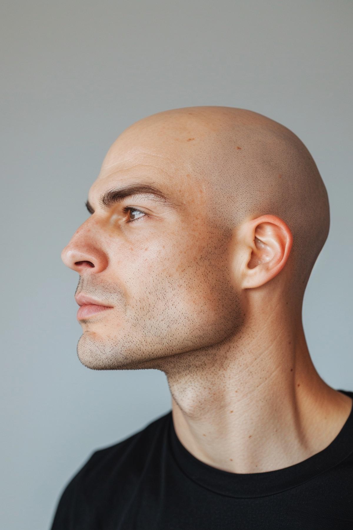 Absolutely bald handsome man polished bald head half-profile close-up portrait