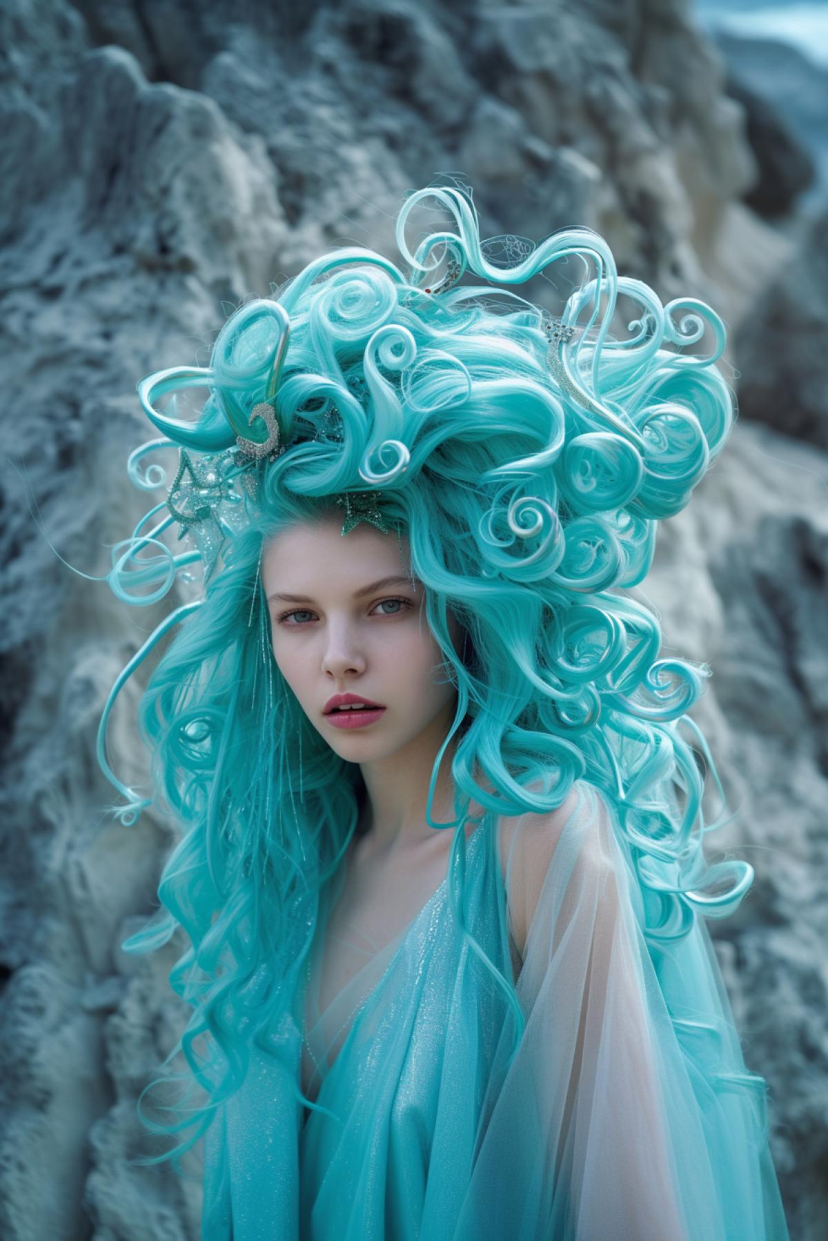 Tsunami hairstyle, unusual hairstyle, aqua color
