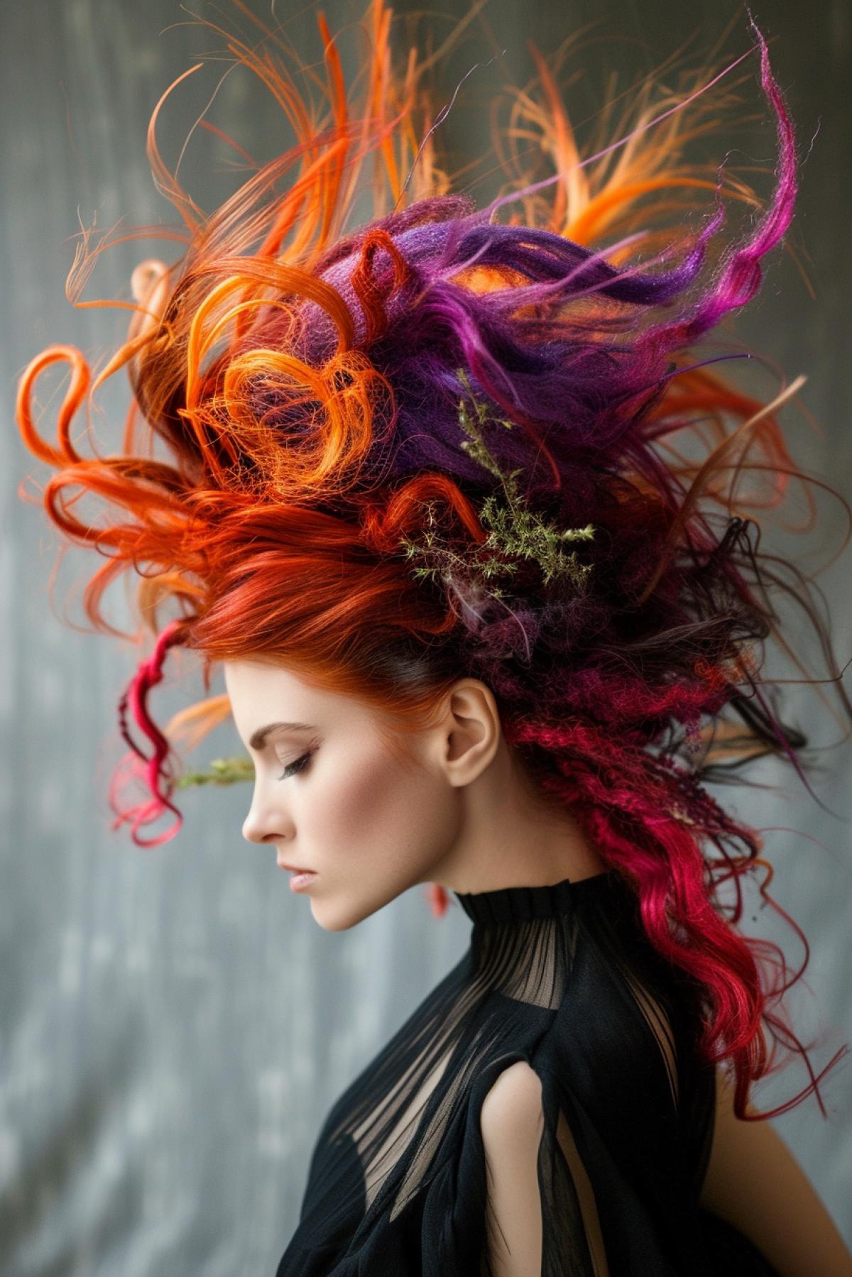 Laughing nest hairstyle, unusual hairstyle, rich colors