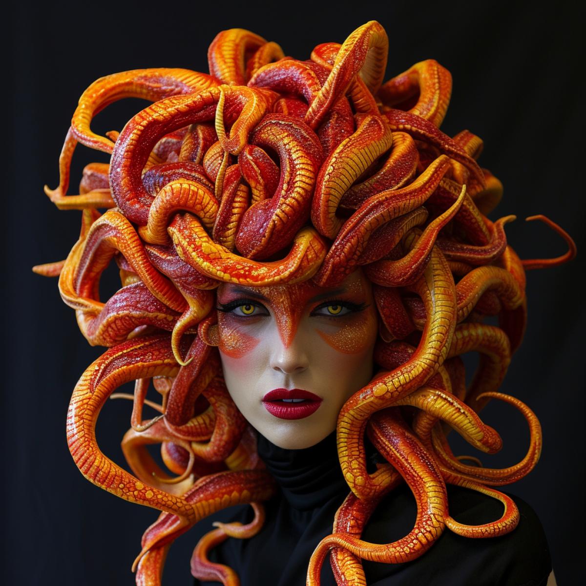 Medusa, the demonic allure woman, fashion icon, red-hot flames business conference.