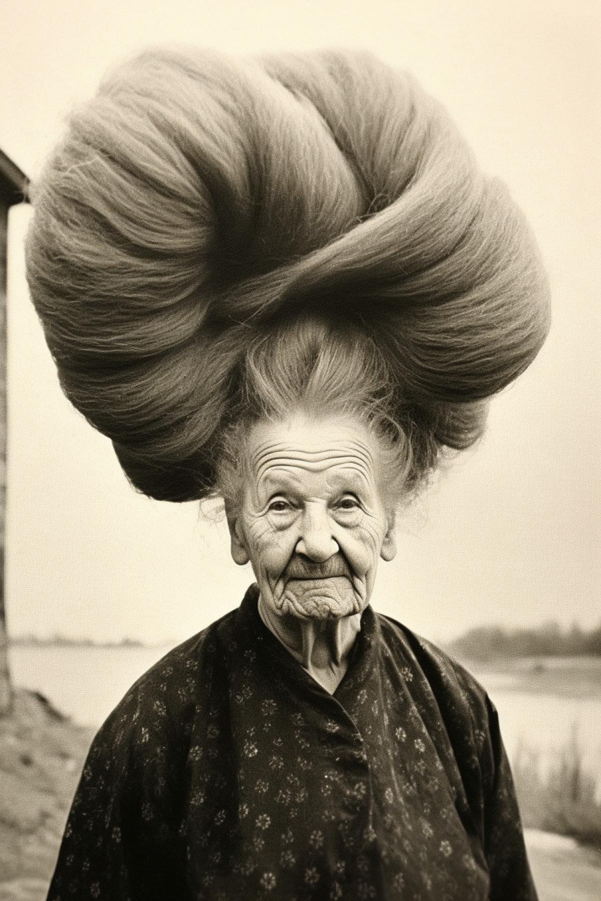 Old lady with wild hair in the shape of Russia