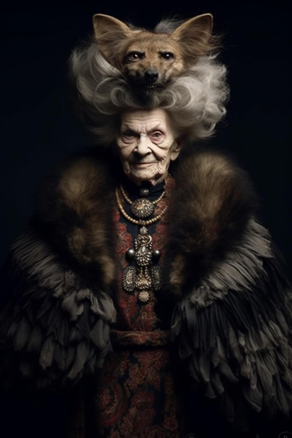 Old lady with wild hair in the shape of Russia