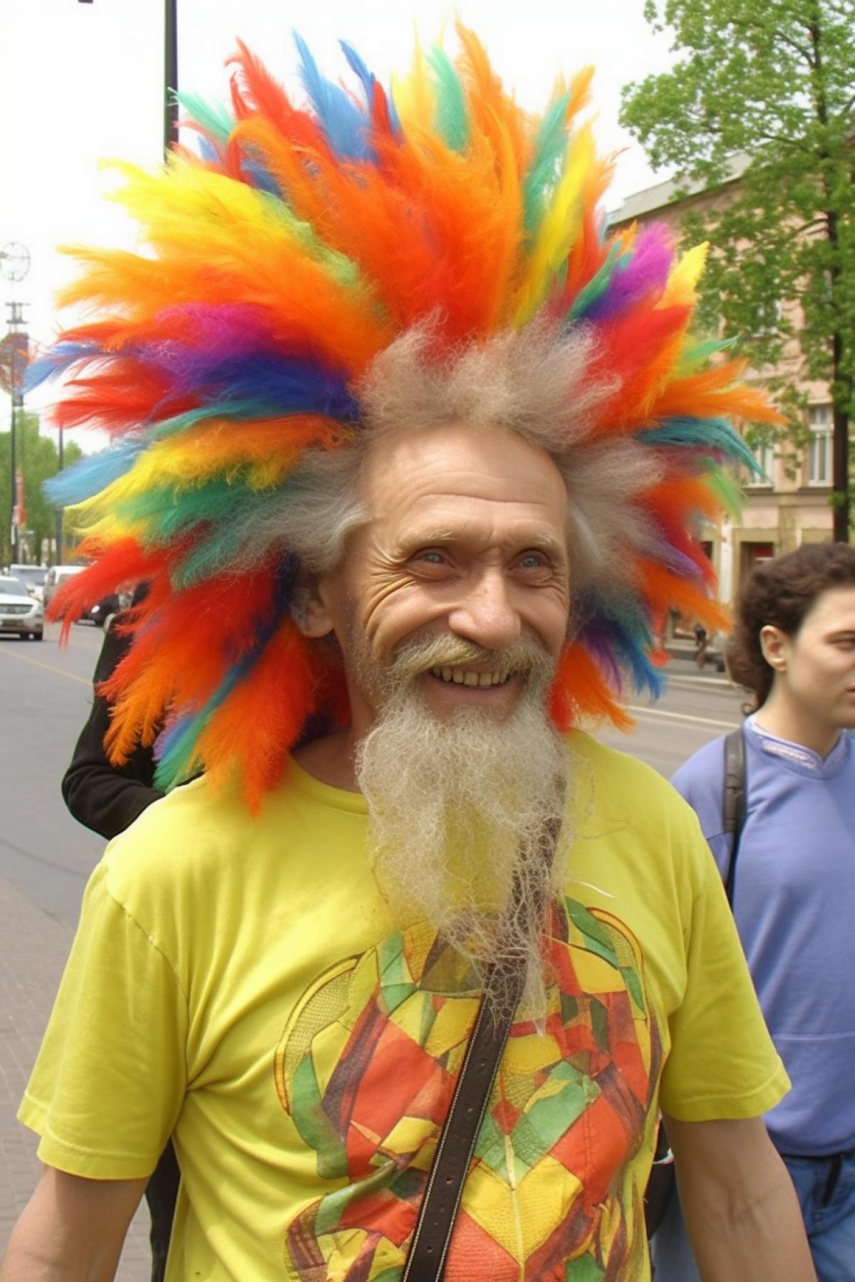 Cheerful grandfather with a wild hairstyle in the shape of Russia and a wild beard