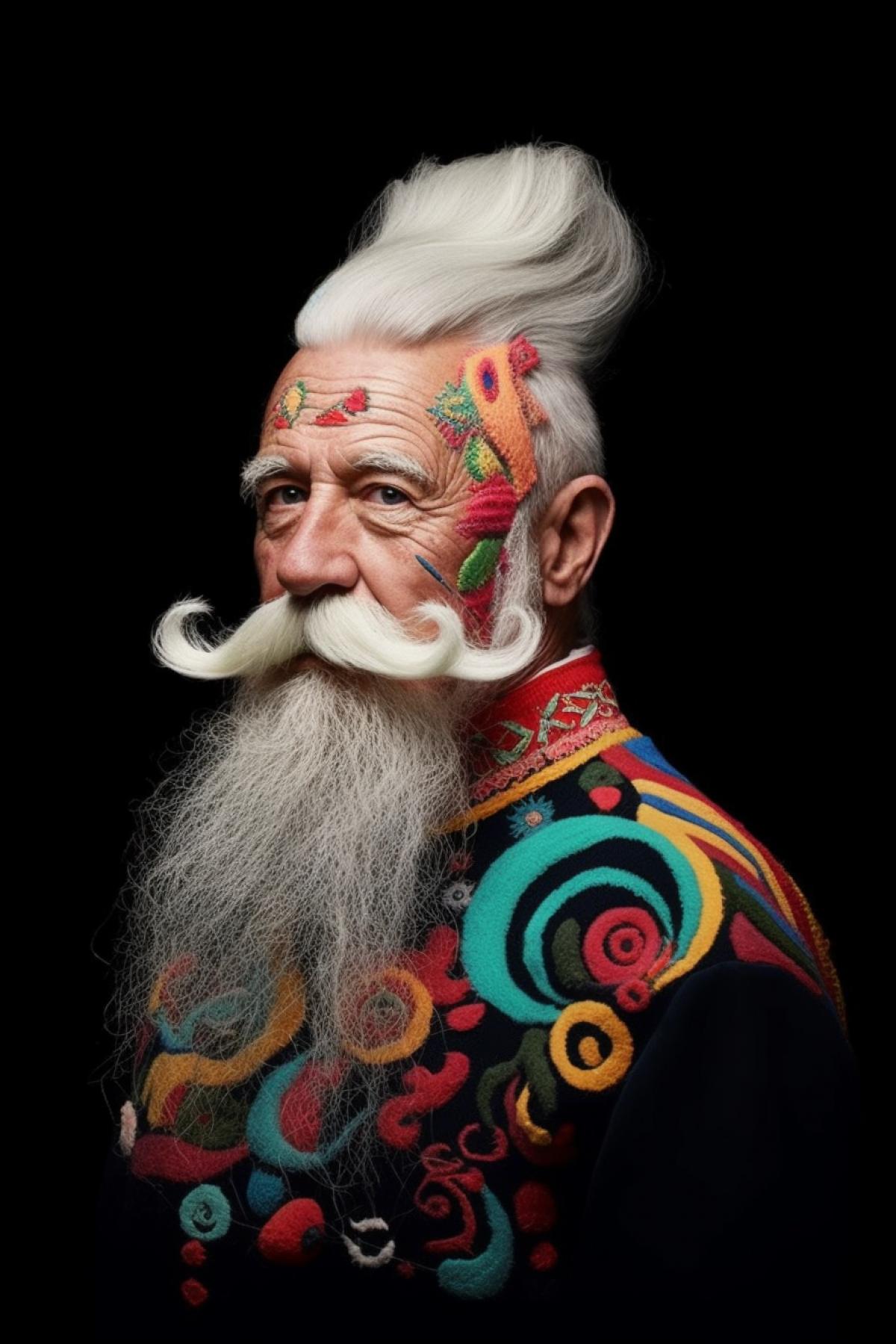 Cheerful grandfather with a wild hairstyle in the shape of Russia and a wild beard
