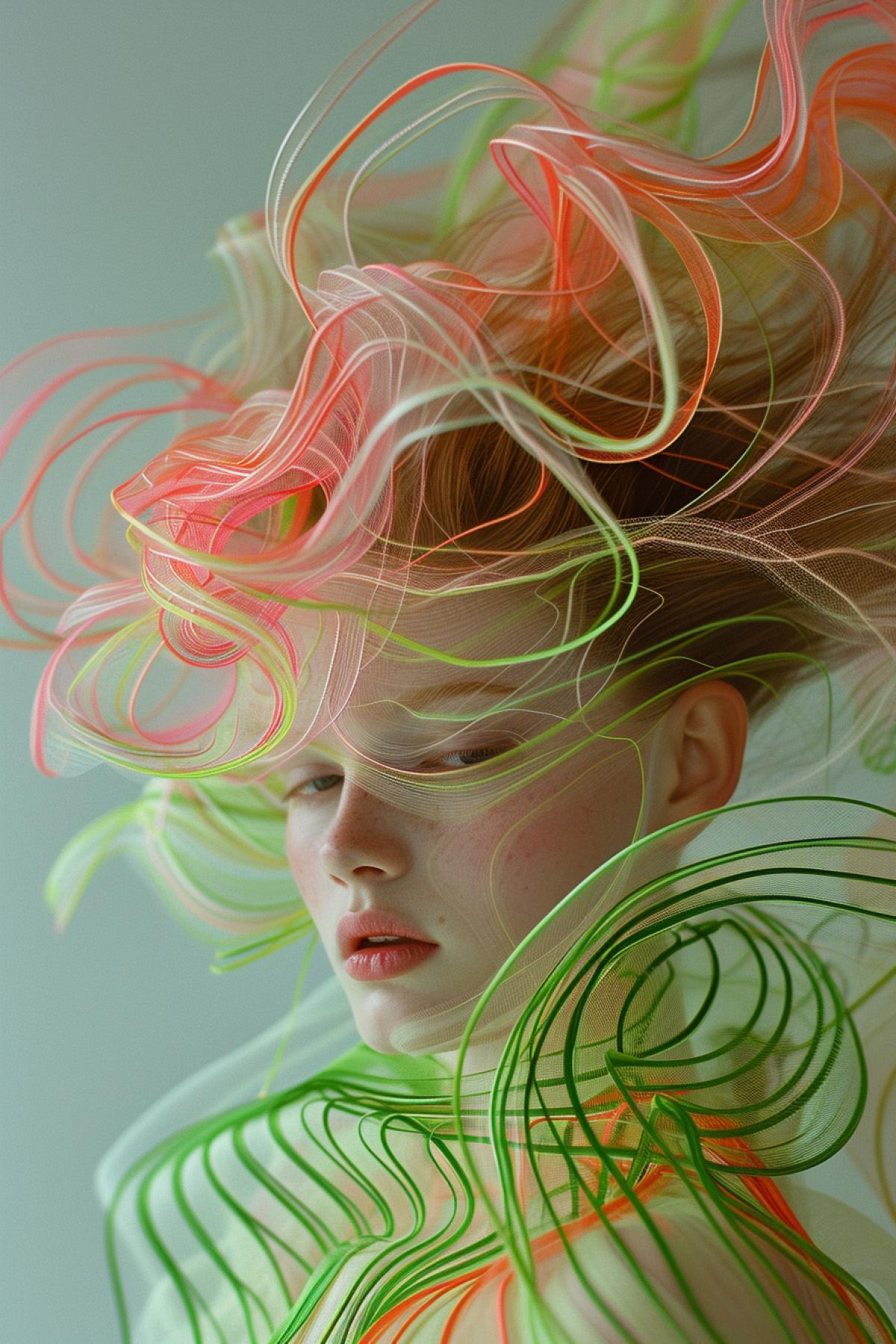 Girl with experimental hairstyle with green and green stripes, styled with light pink and red, fractalism, I cant believe how beautiful this is, pigeoncore, light pink and amber, flickr, wavy lines
