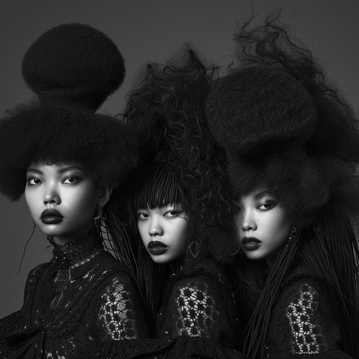 Hair editorial, 4 dark women, year 3000, oversized flowing hair, avant-garde hair centerpiece,