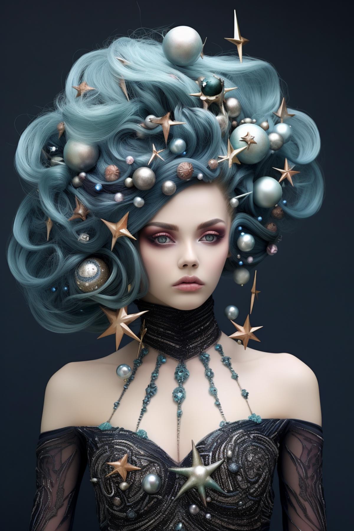 Incredible hairstyle in the form of planets and stars, fantasy blocker