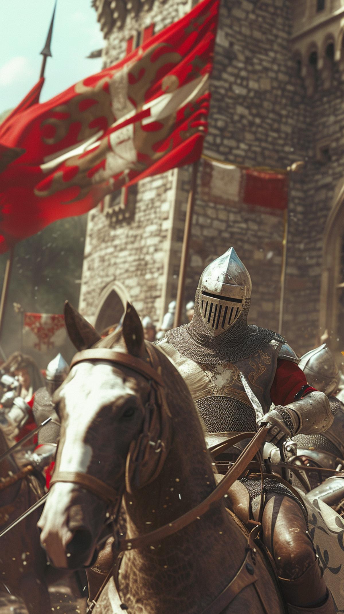 Knights Tournament, In the palace courtyard of the castle, an exciting knights tournament flares up, where valiant warriors fight for honor and glory.