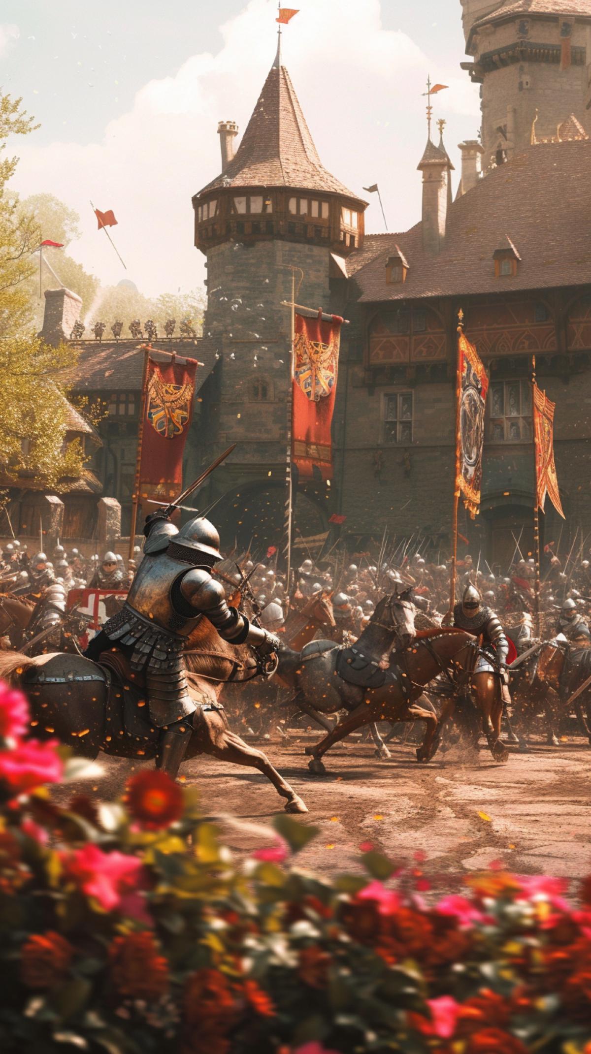Knights Tournament, In the palace courtyard of the castle, an exciting knights tournament flares up, where valiant warriors fight for honor and glory.