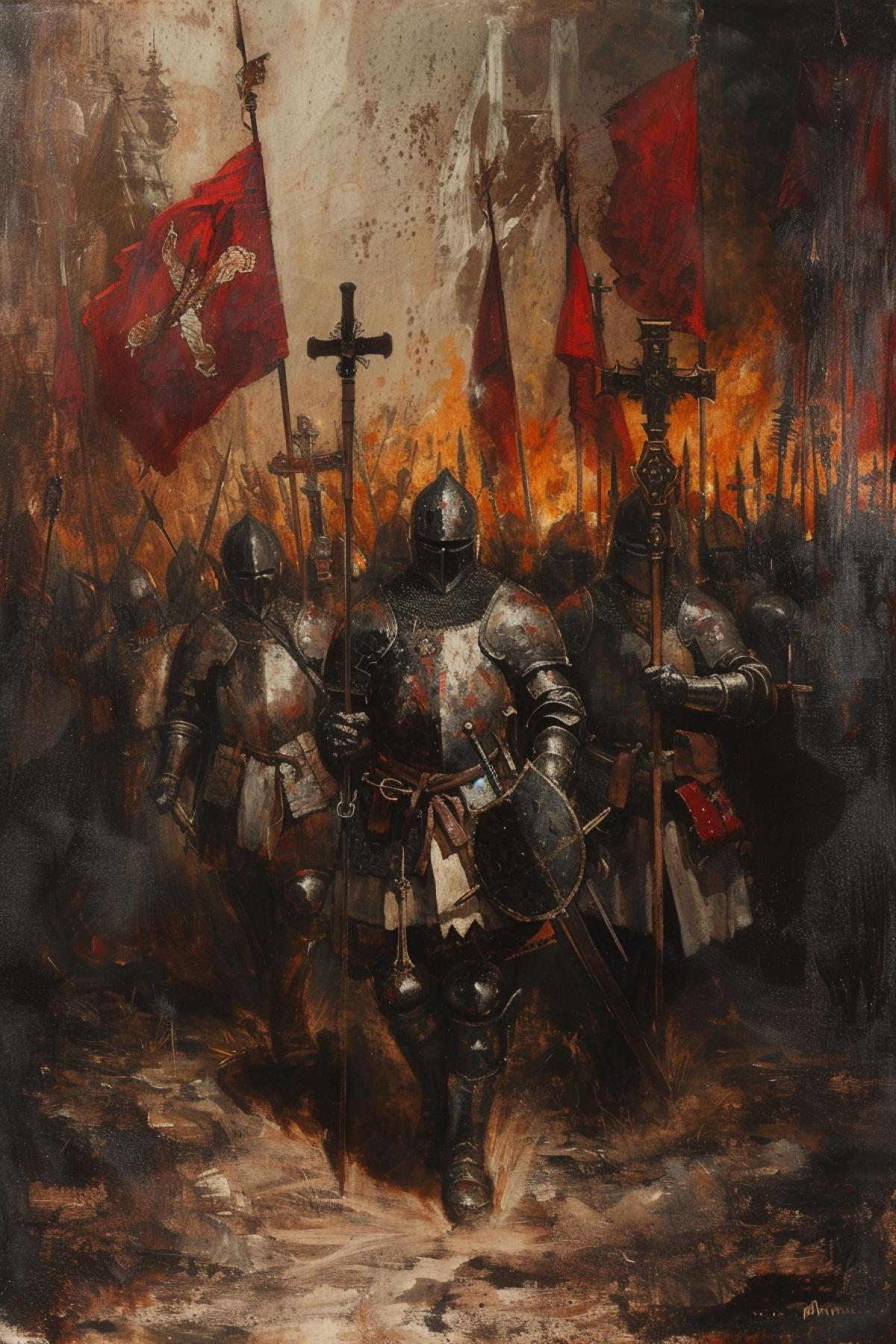 The Holy Inquisition is going on a crusade, the Inquisition is dressed in Christian military clothing, holding crosses and the banner of Jesus Christ, the Middle Ages, painting, an atmosphere of sadness