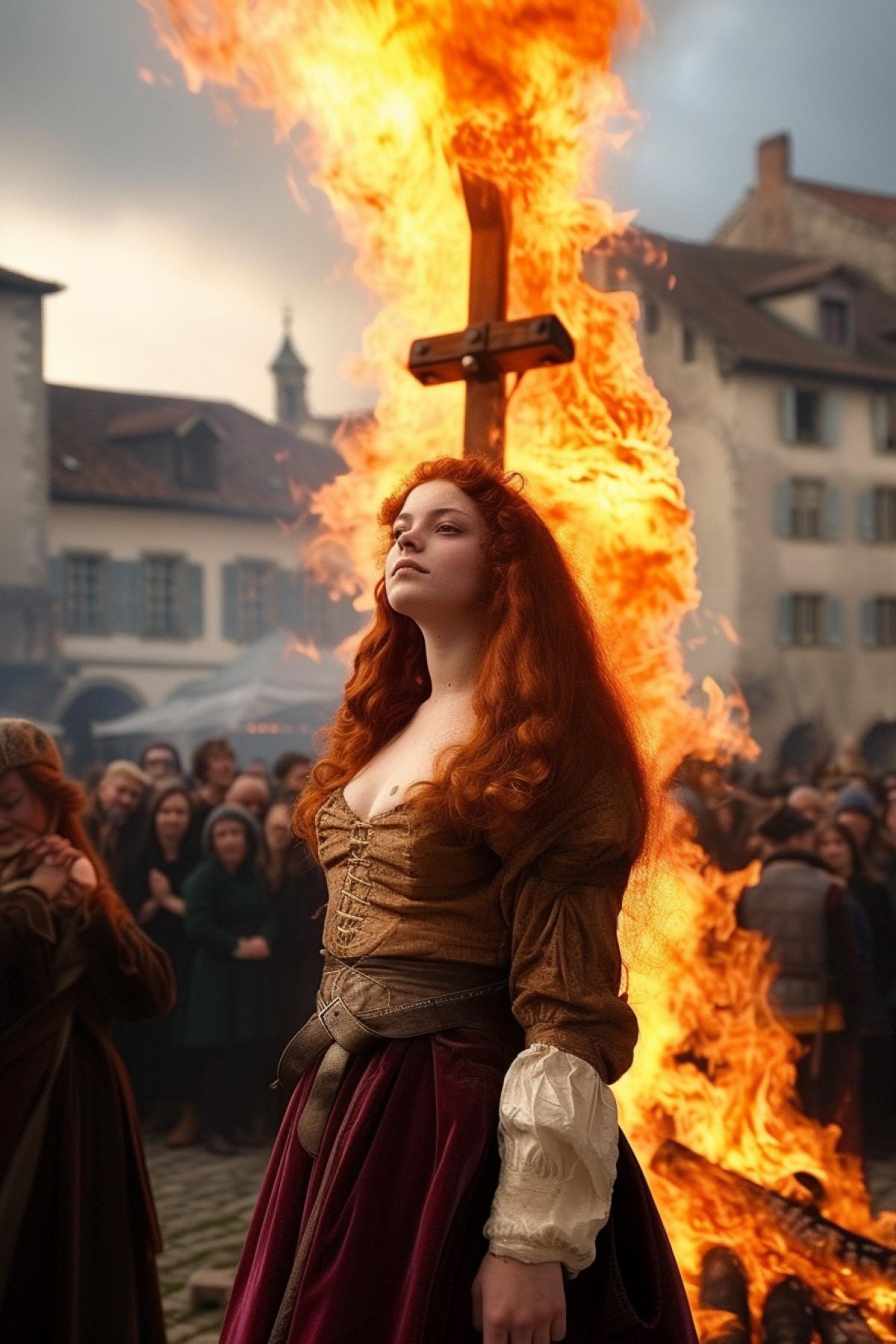 The atmosphere is medieval. In the city square, the Inquisition burns a beautiful young red-haired woman on a ritual pyre.