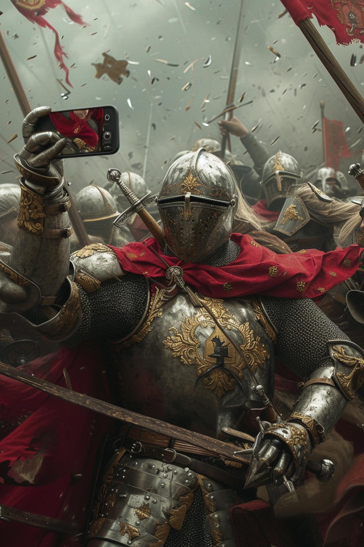 Medieval knight takes a selfie from the battle