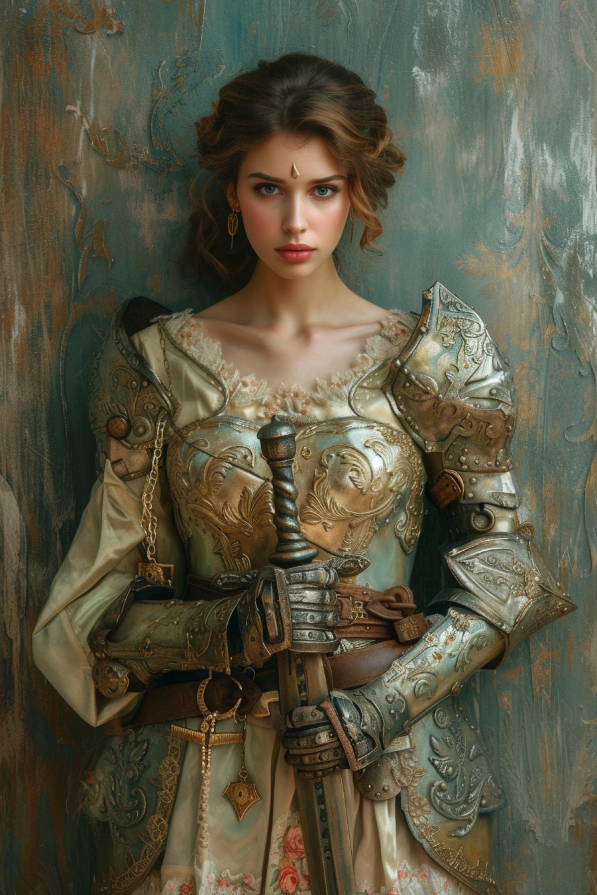 Middle Ages. A young beautiful pretty woman is dressed in a shorts luxury made of iron in the form of ornate armor decorated with padlocks. The woman holds a beautiful antique key in her hands. Style by Donato Giancola.