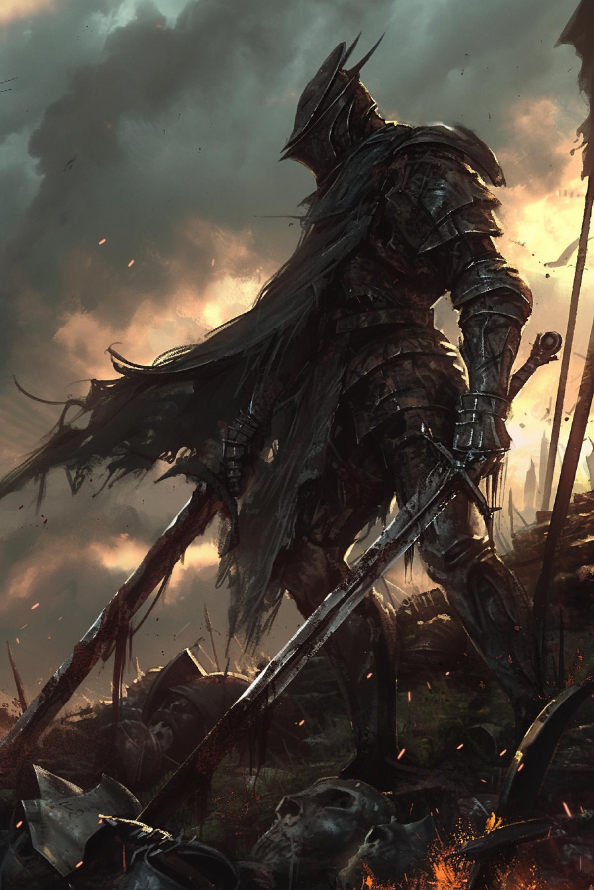 Knight on the battlefield, after the battle, twilight, evening, cool image, pathos, dark fantasy style, darkness and horror style, close up
