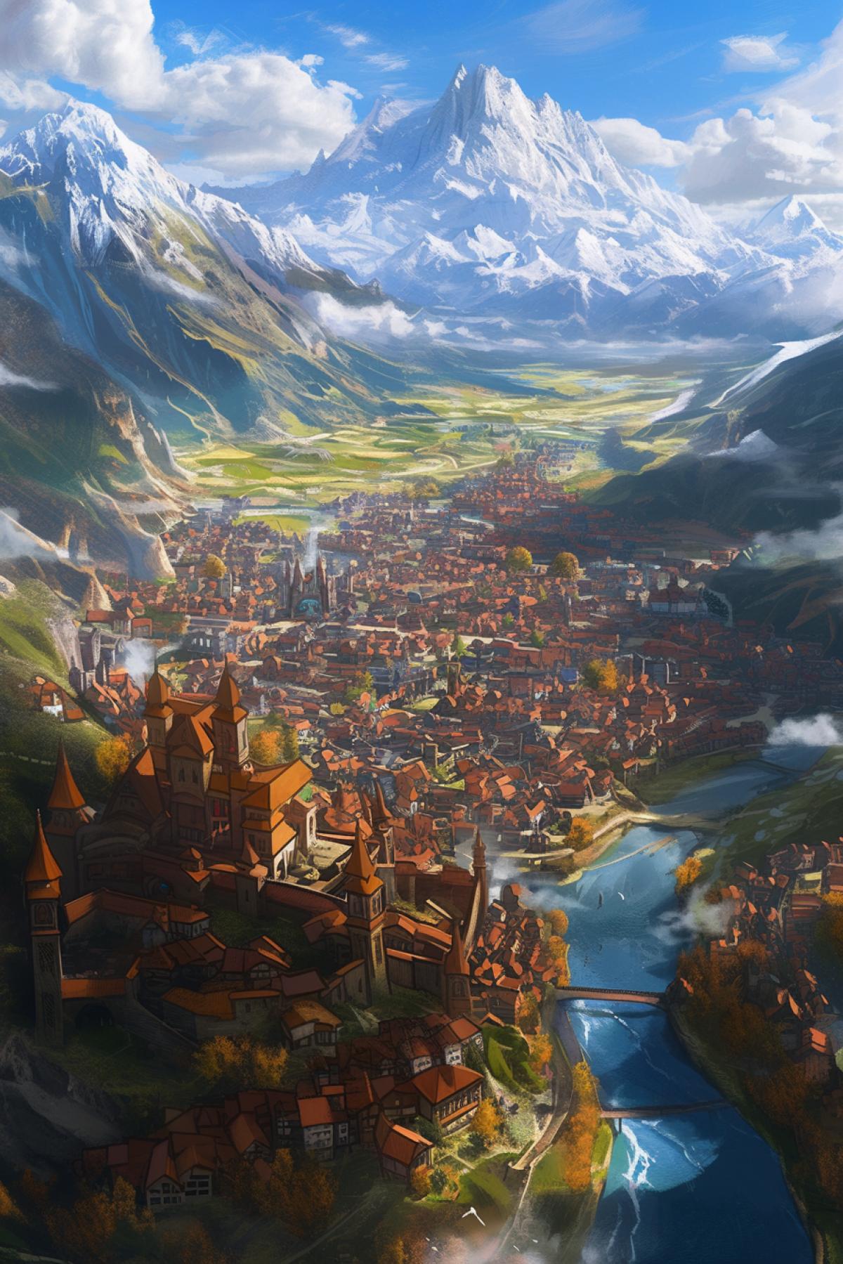 City on the edge of the north, medieval fantasy style, birds eye view, mountains in the distance, day, fall, beautiful nature, fantasy style, Kit Thompson style, in dynamics, highly detailed, packed with hidden details, style, high dynamic range, hyper realistic, realistic attention to detail, highly detailed, 32K, intense close ups, uhd image, realism, colorful realism