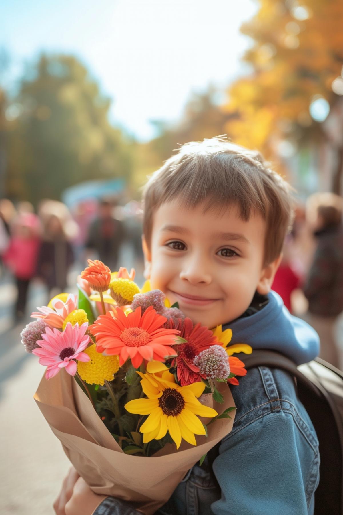 Little playful boy first time to school with big bouquet of big flowers autumn sunny day led by hand by his mom realistic detailed photo on the background of school and many other children
