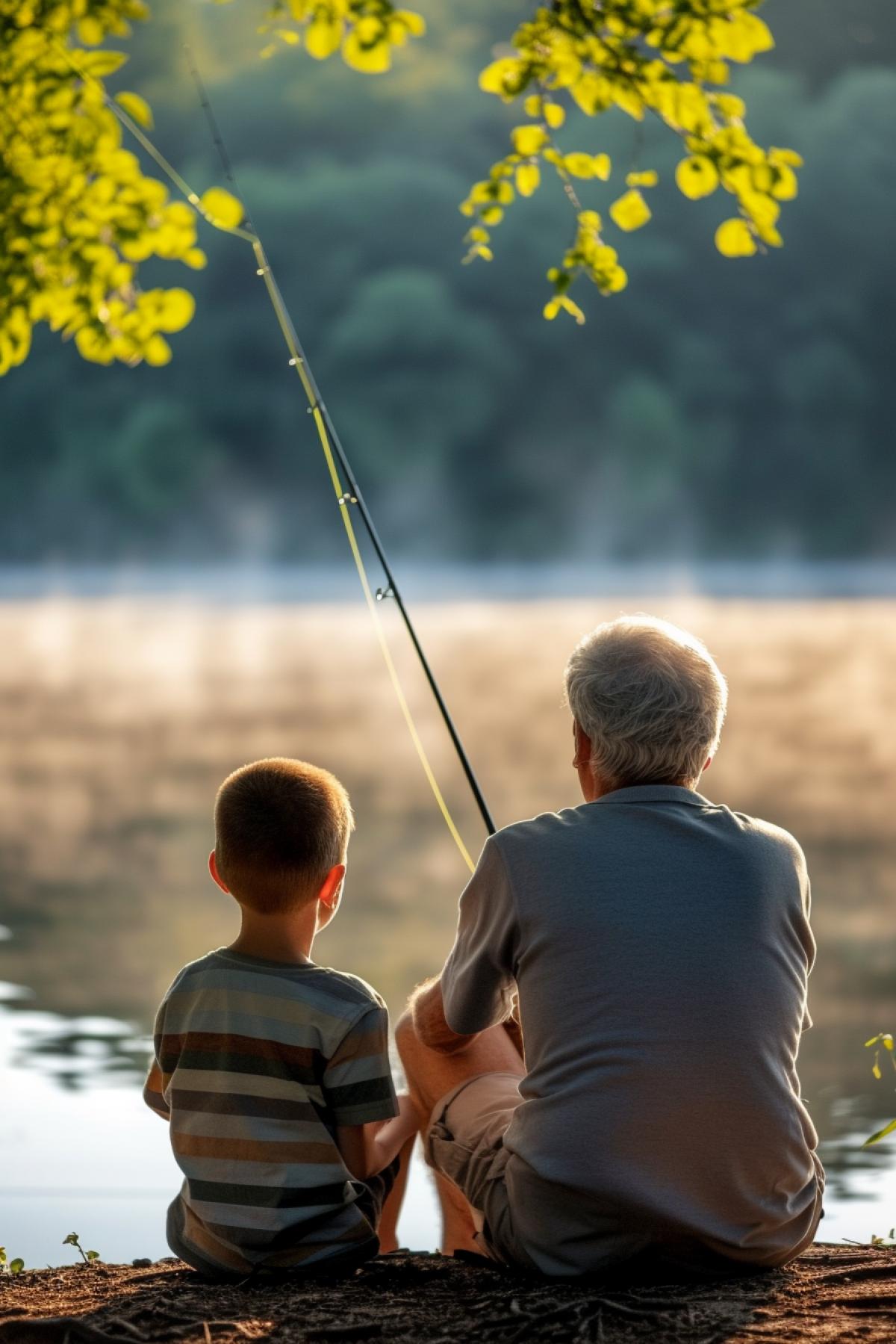 Father and son sit on the shore of a forest lake and fish, early morning