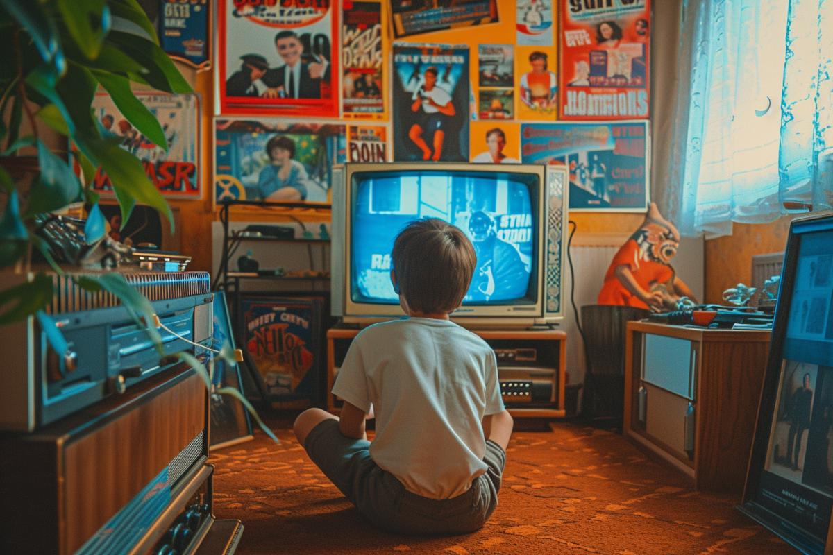 Retro photo, a boy sitting on the floor playing dandy on an old TV, posters for different films hanging in the room, warm colors