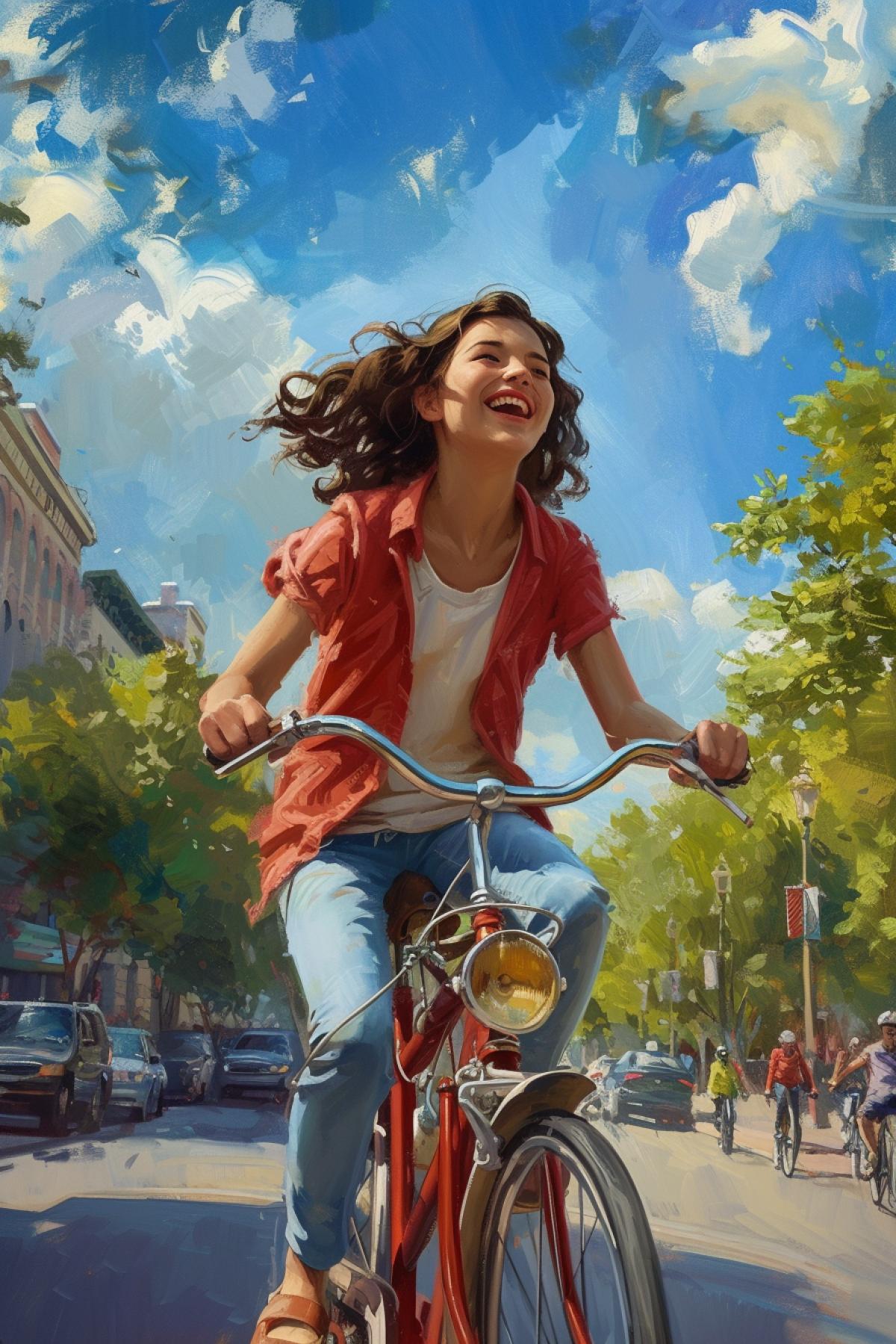 cheerful dark-haired girl rides a bicycle along a city street, sunny day, joy, realistic