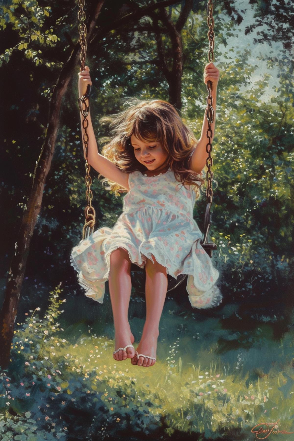 park, swing, an 11-year-old girl is swinging on a swing, singing a song, admiration, joy, photorealism