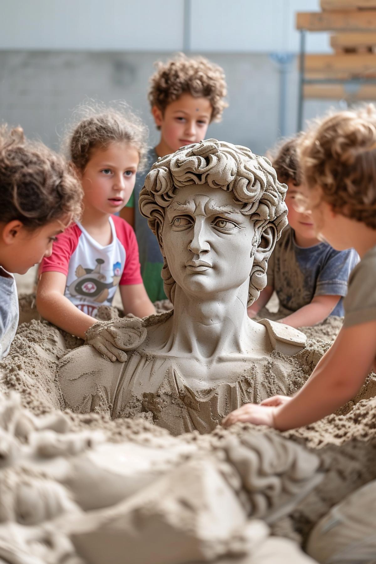 Several 7-year-old children in big sandbox building up sculpture of Michelangelos David of sand realistic detailed photography
