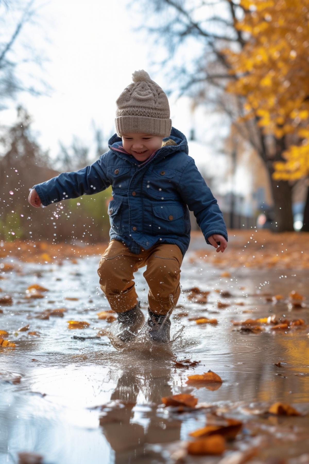 playful boy running jumping autumn puddles autumn sunny day