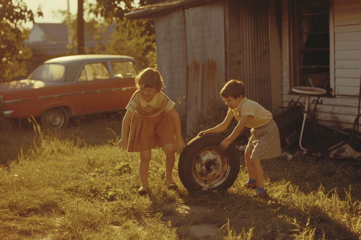 Retro photography, children in the yard rolling a car wheel, fun, warm colors.
