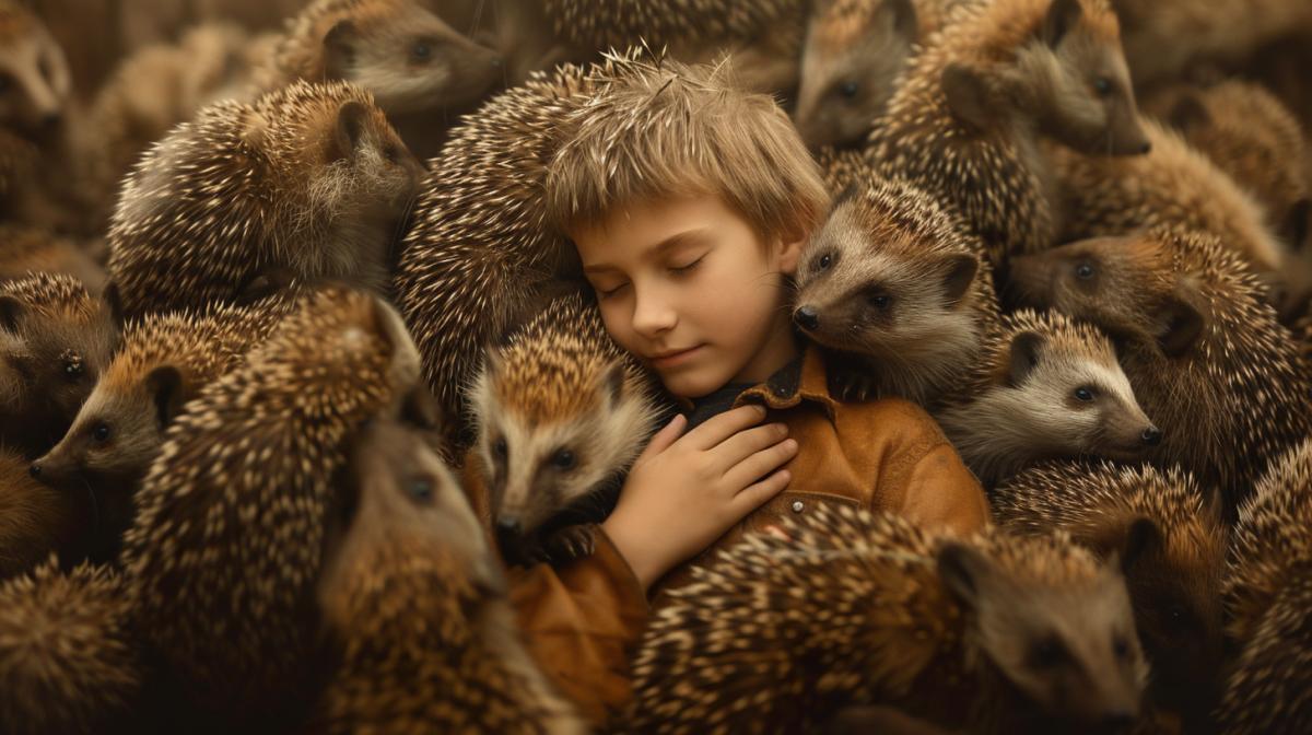 Huge Hedgehogs hugging the boy from all sides, only his hand is visible