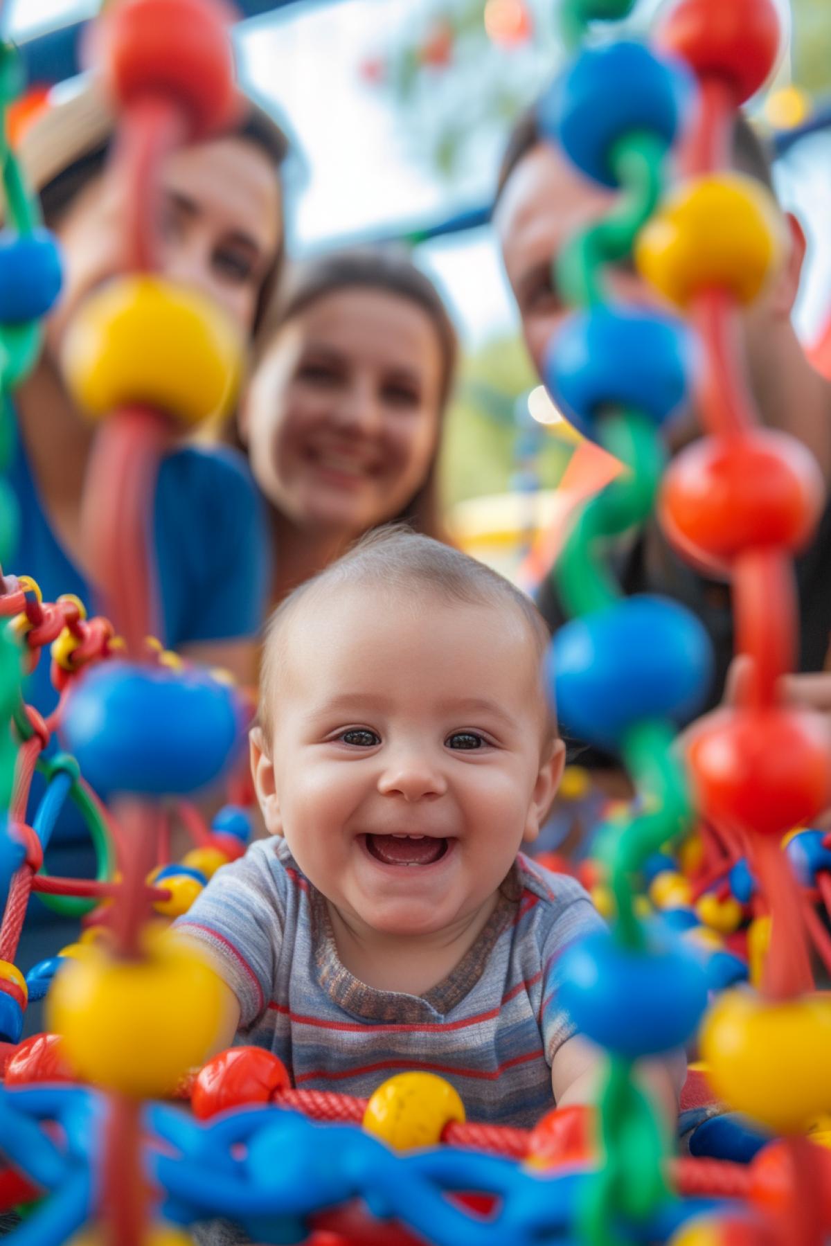 moms and daddys faces over cradle activity plastic chain on the foreground