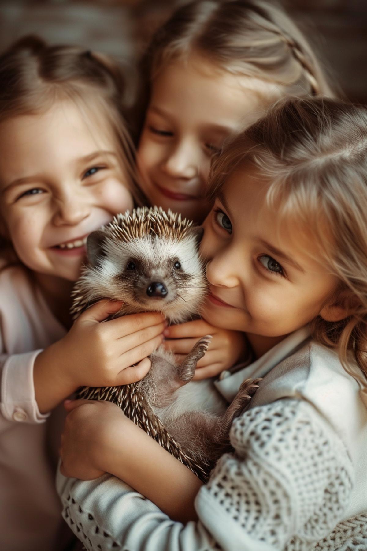 Several 5-year-old cute children hugging one smart hedgehog realistic detailed photo