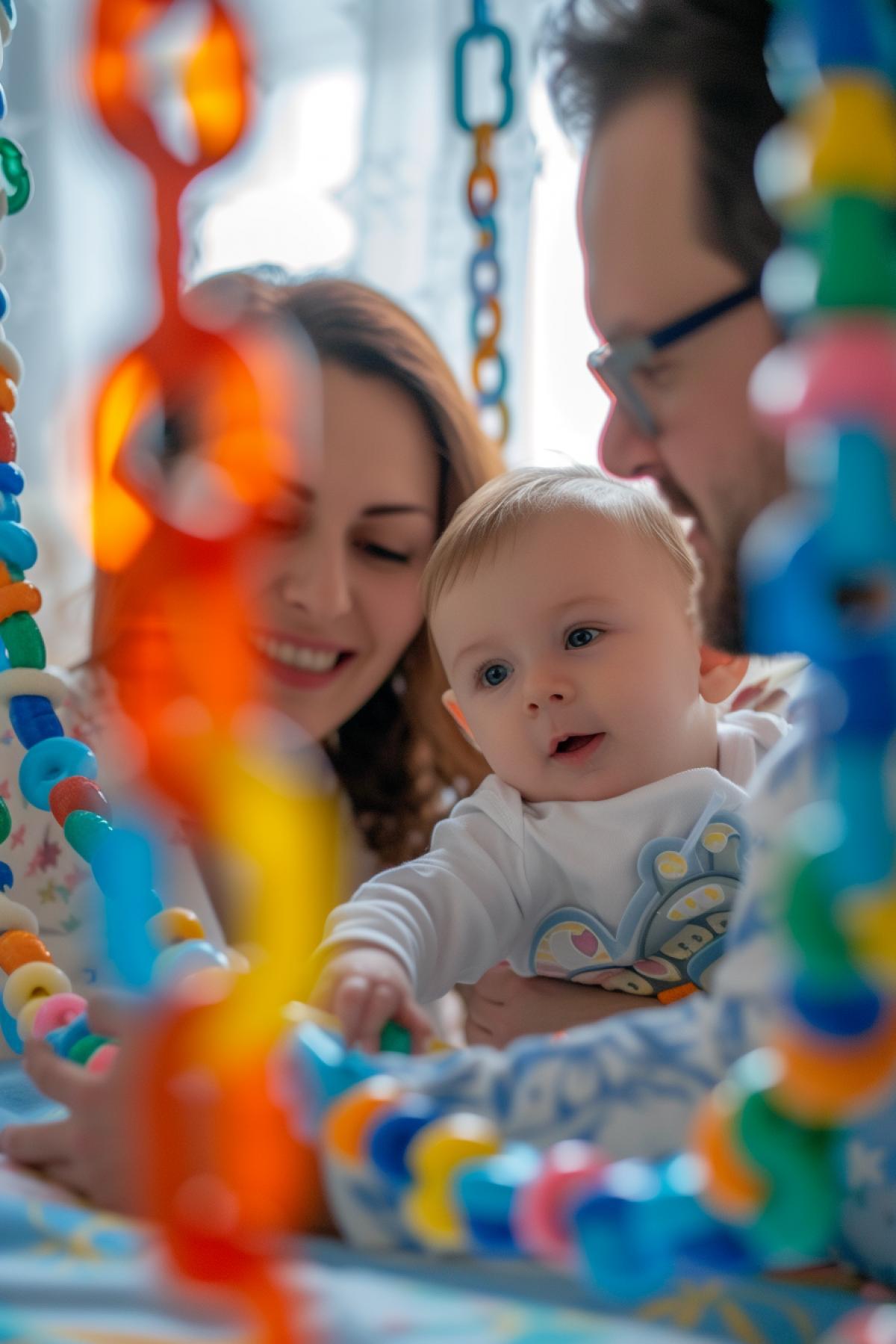 moms and daddys faces over cradle looking at baby activity plastic chain on the foreground love happiness