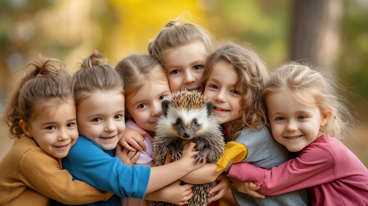 Twelve 5-year-old cute children hugging one sad hedgehog realistic detailed photo