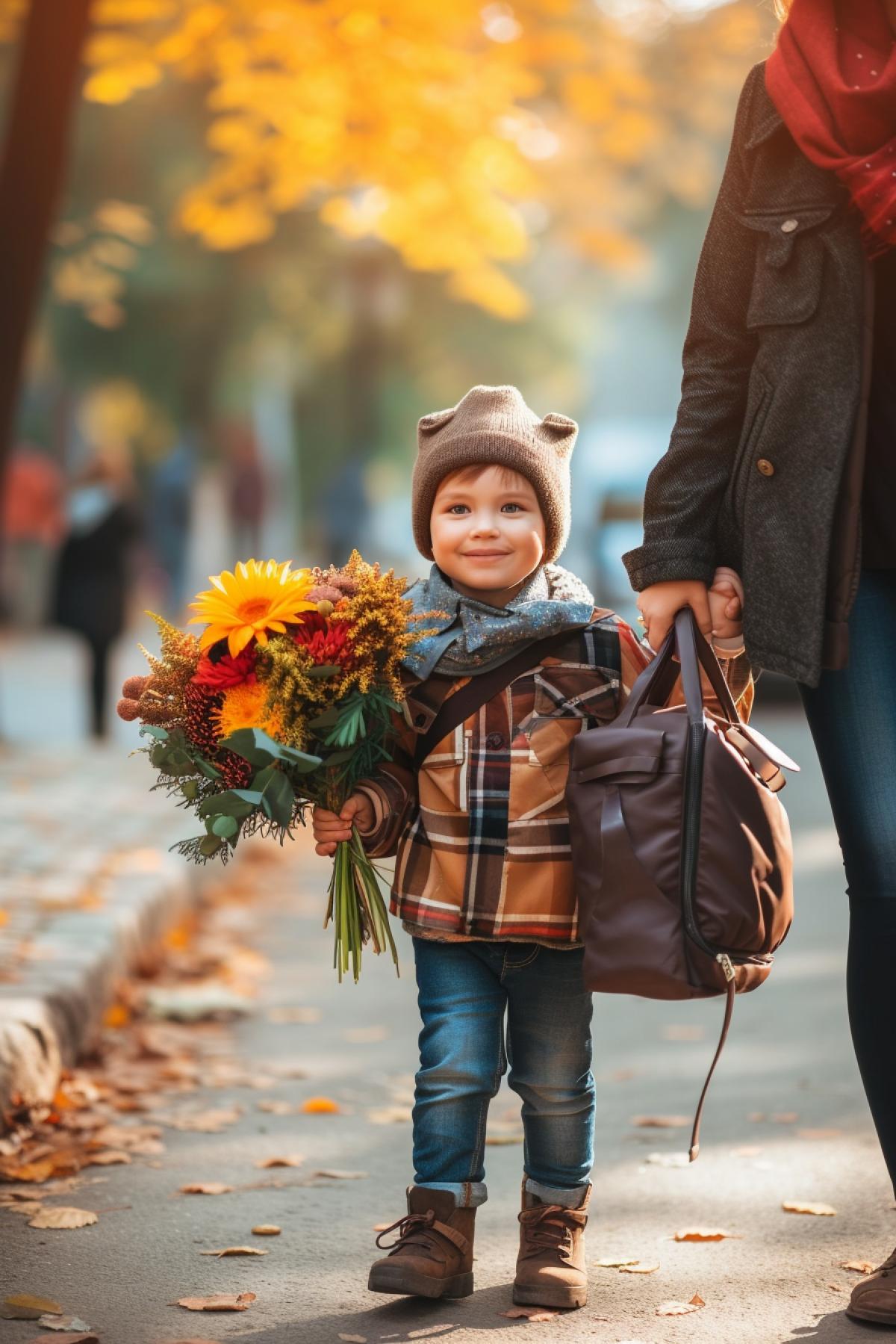 Little playful boy first time to school with big bouquet of big flowers autumn sunny day led by hand by his mom realistic photo
