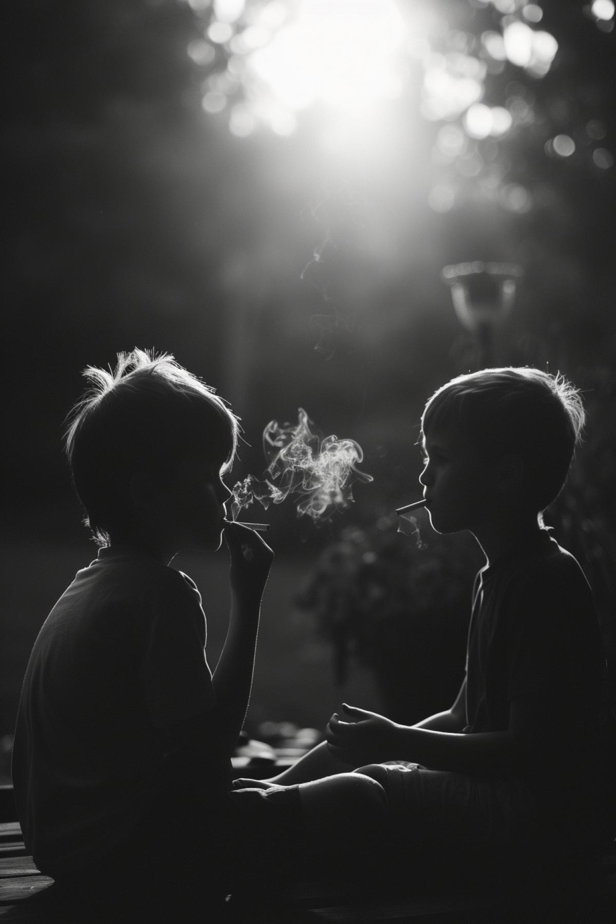 The 7-year-old boys trying to smoke cigarettes in the backyard summer twilight