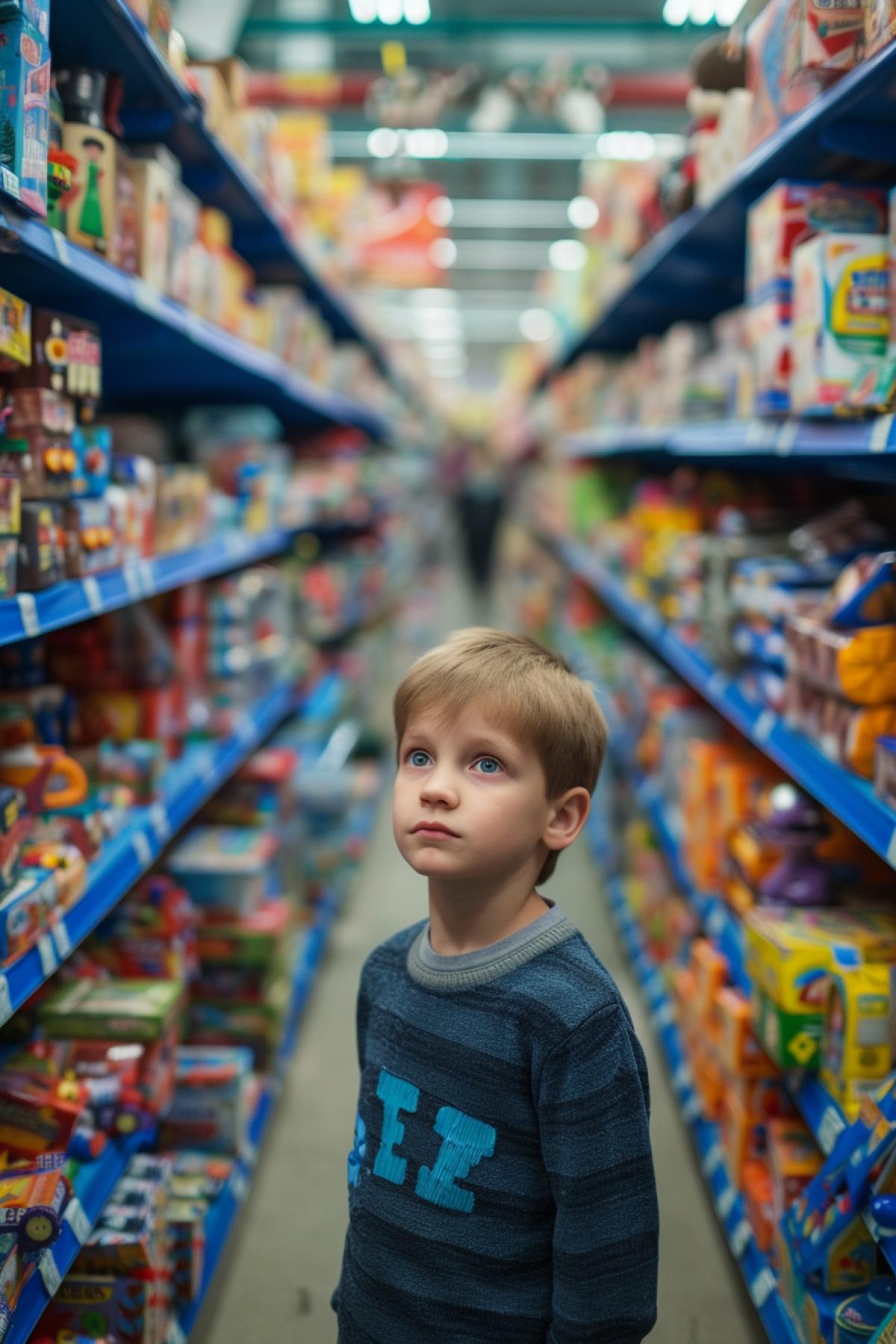 5-year-old boy in huge hypermarket of million different beautiful breathtaking toys all around happiness