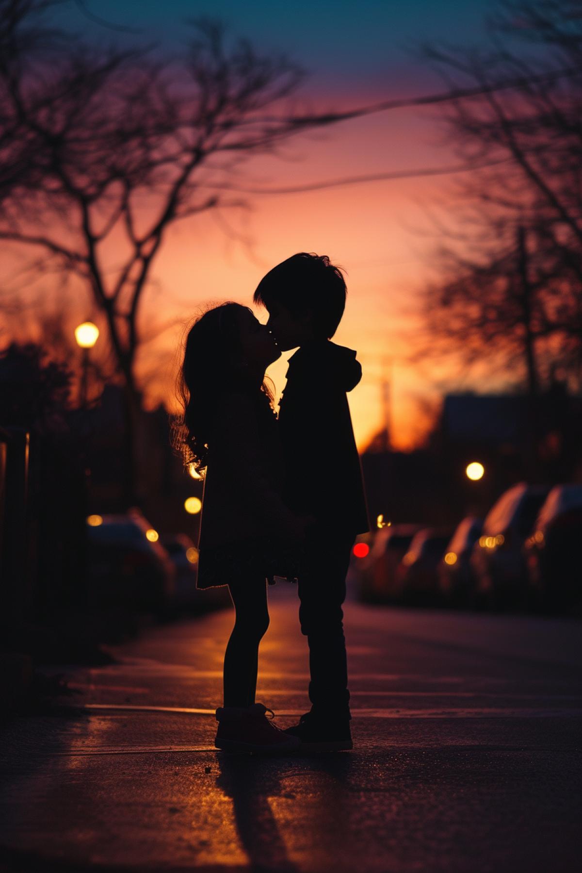 A boy and a girl kissing each other in the evening street twilight nice photo