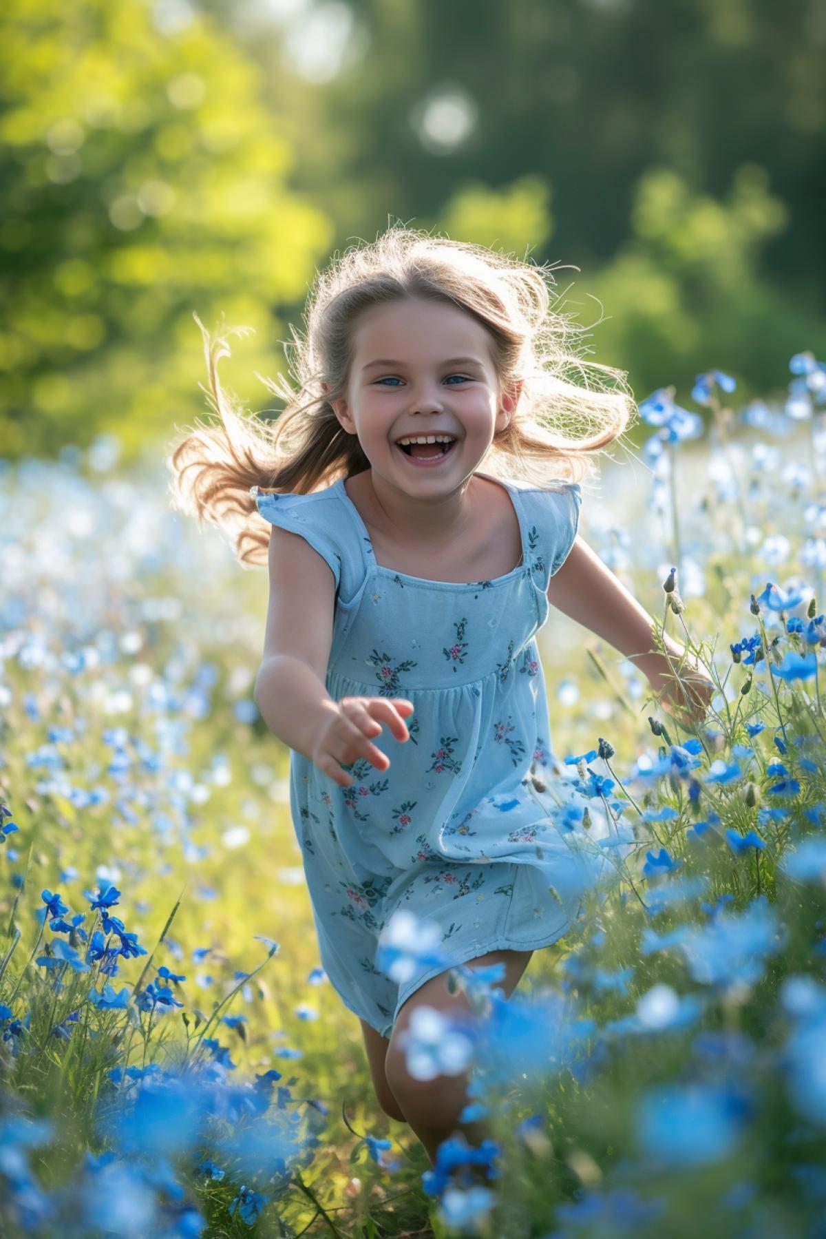 Light-minded cute nice 6-year-old girl happily running along the summer meadow of forget-me-nots smiling stepping high, summer sunny day forest on background