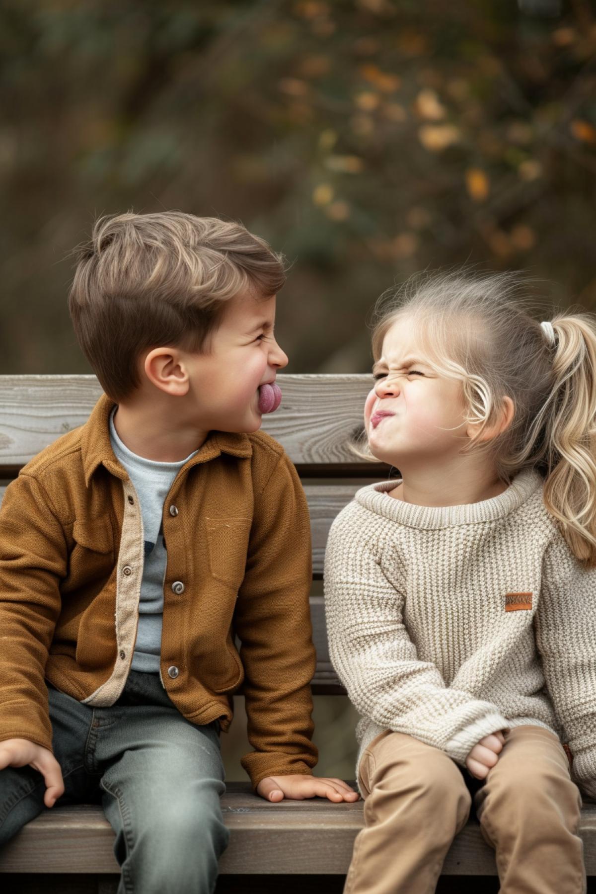 Little boy and little girl sitting on the long bench looking at each other teasing each other grimacing showing tongue funny grimaces detailed photo