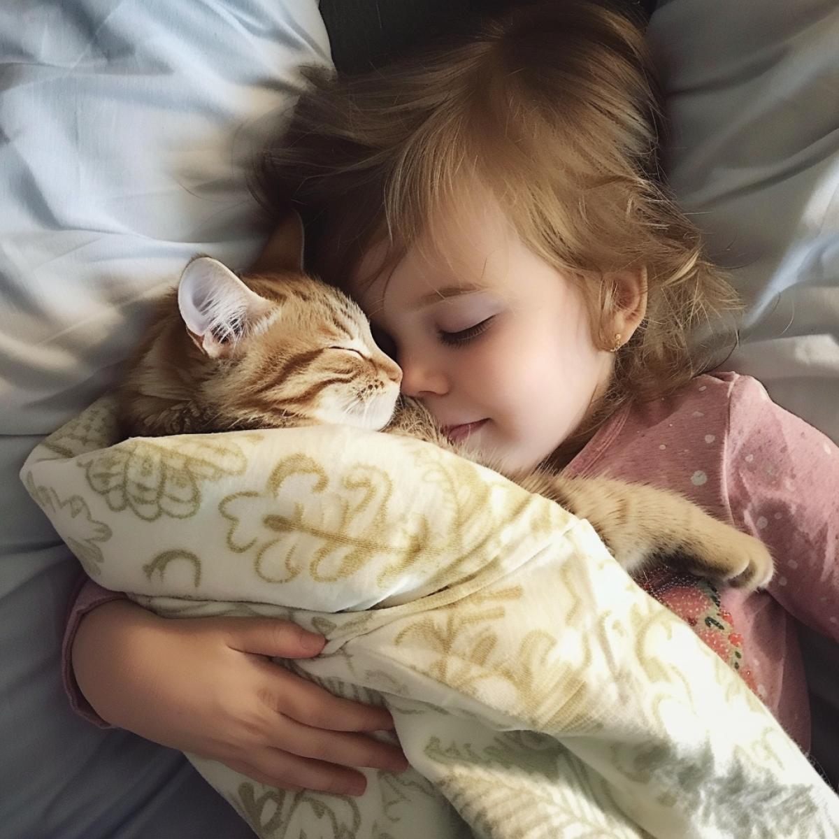 Little girl swaddling a cat