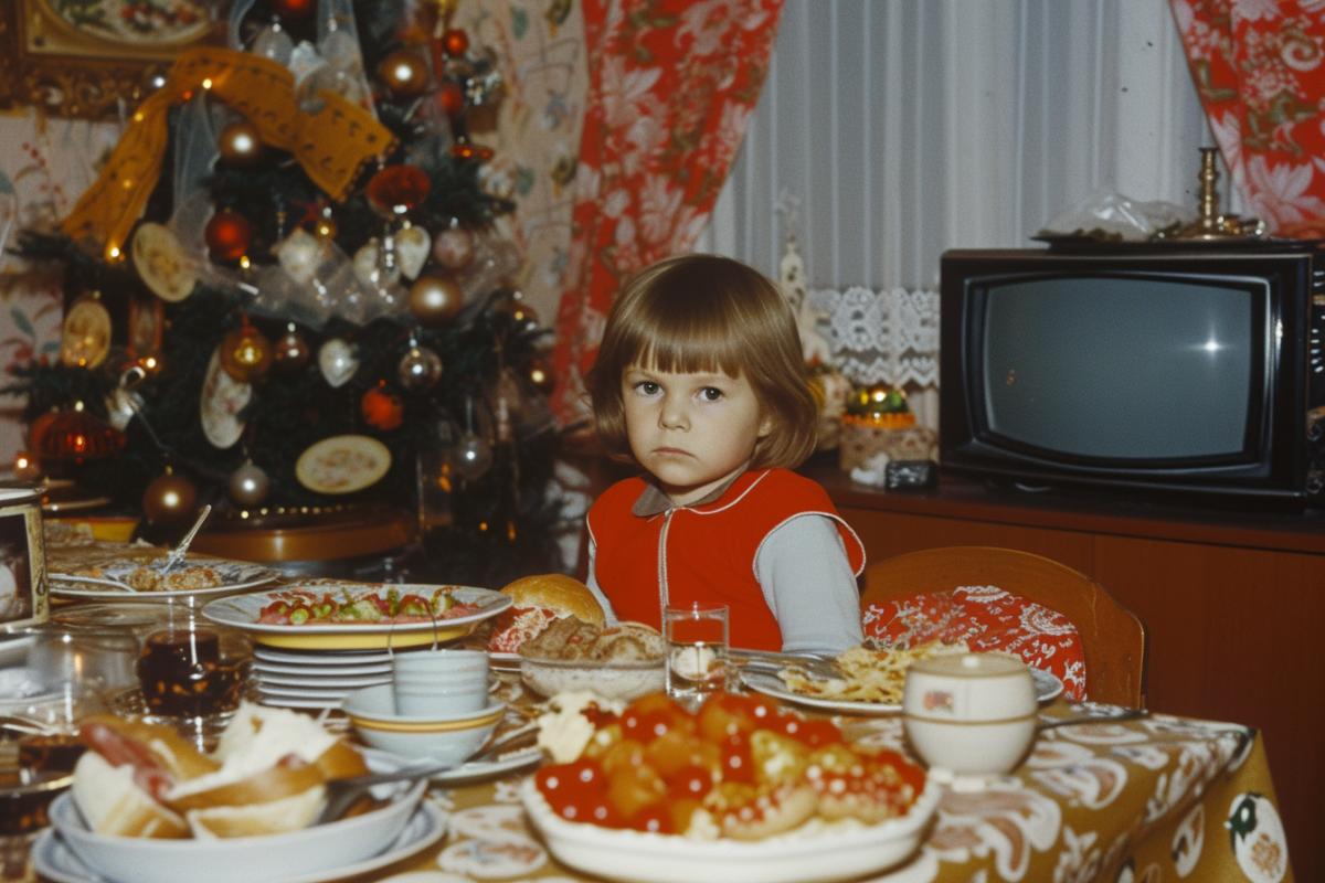Retro photography, a child sitting at a table full of food, New Year in Russia, old furniture, old TV