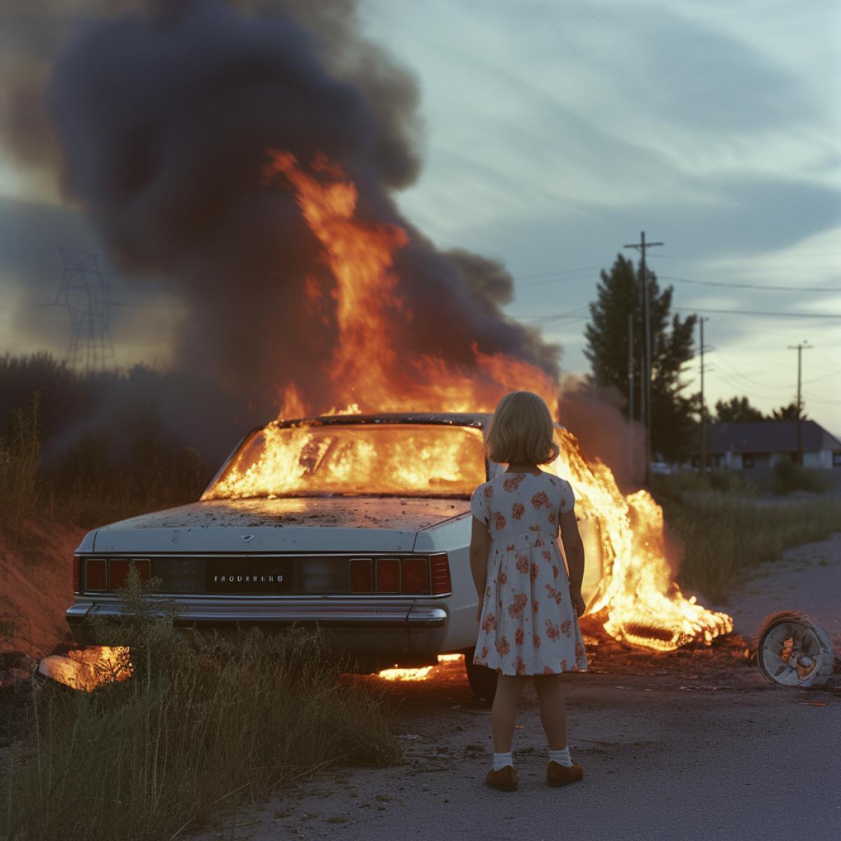 Photo by Alec Soth. A burning car. There is a child standing next to her. Looking at the camera 1980sQ 2s 750style raw