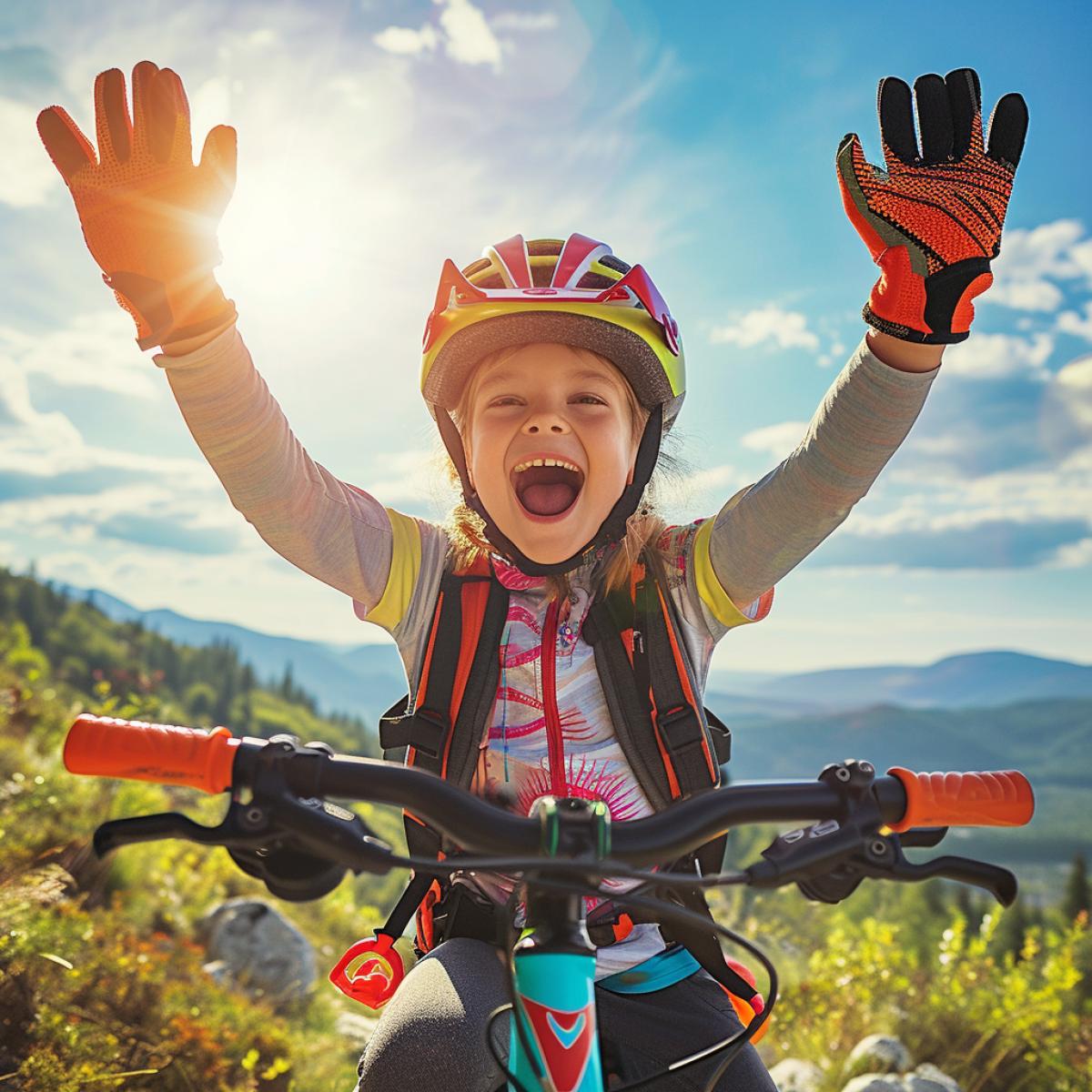 Create an image showcasing the benefits of kids biking gloves: a joyful child confidently gripping the handlebars, protected by vibrant, cushioned gloves, with a backdrop of scenic trails and a beaming sun overhead