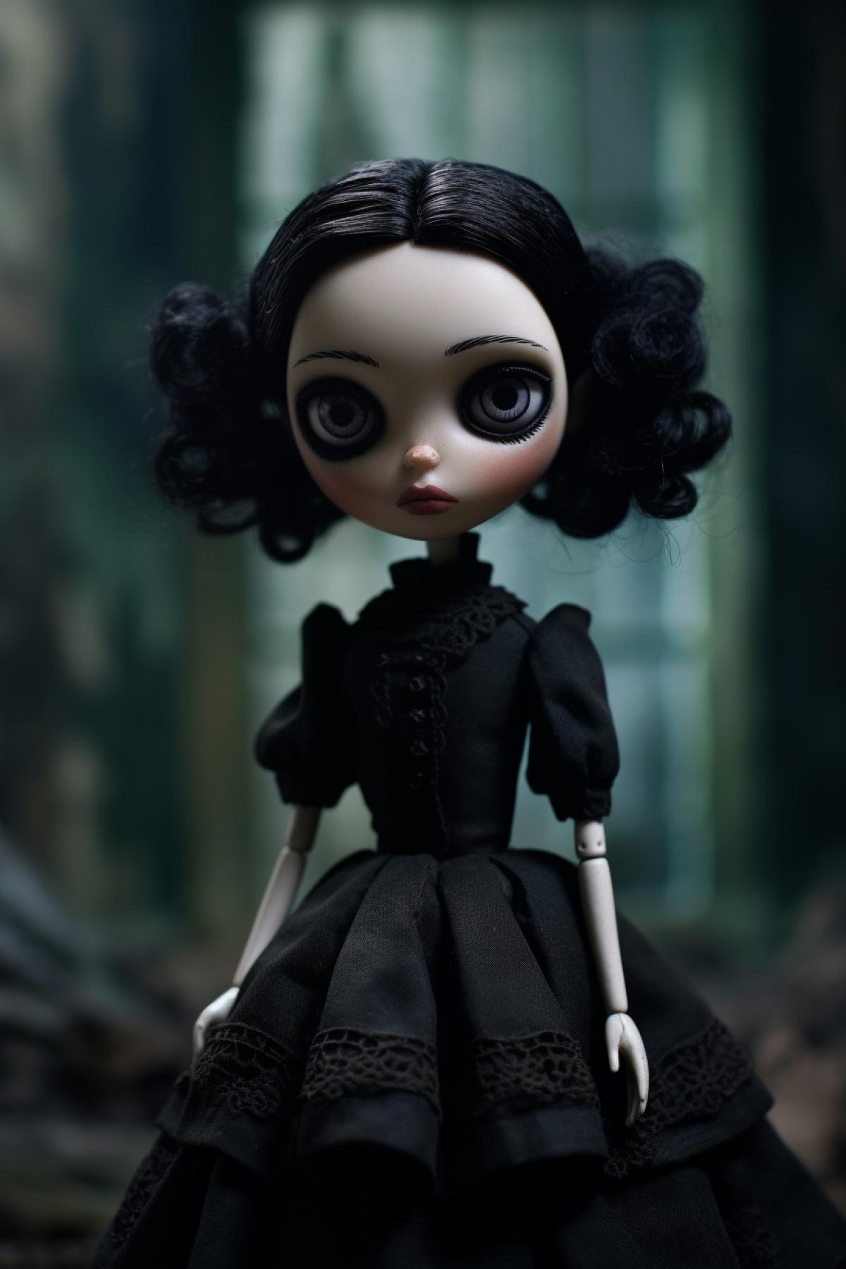 A doll with big dark eyes and a dark dress